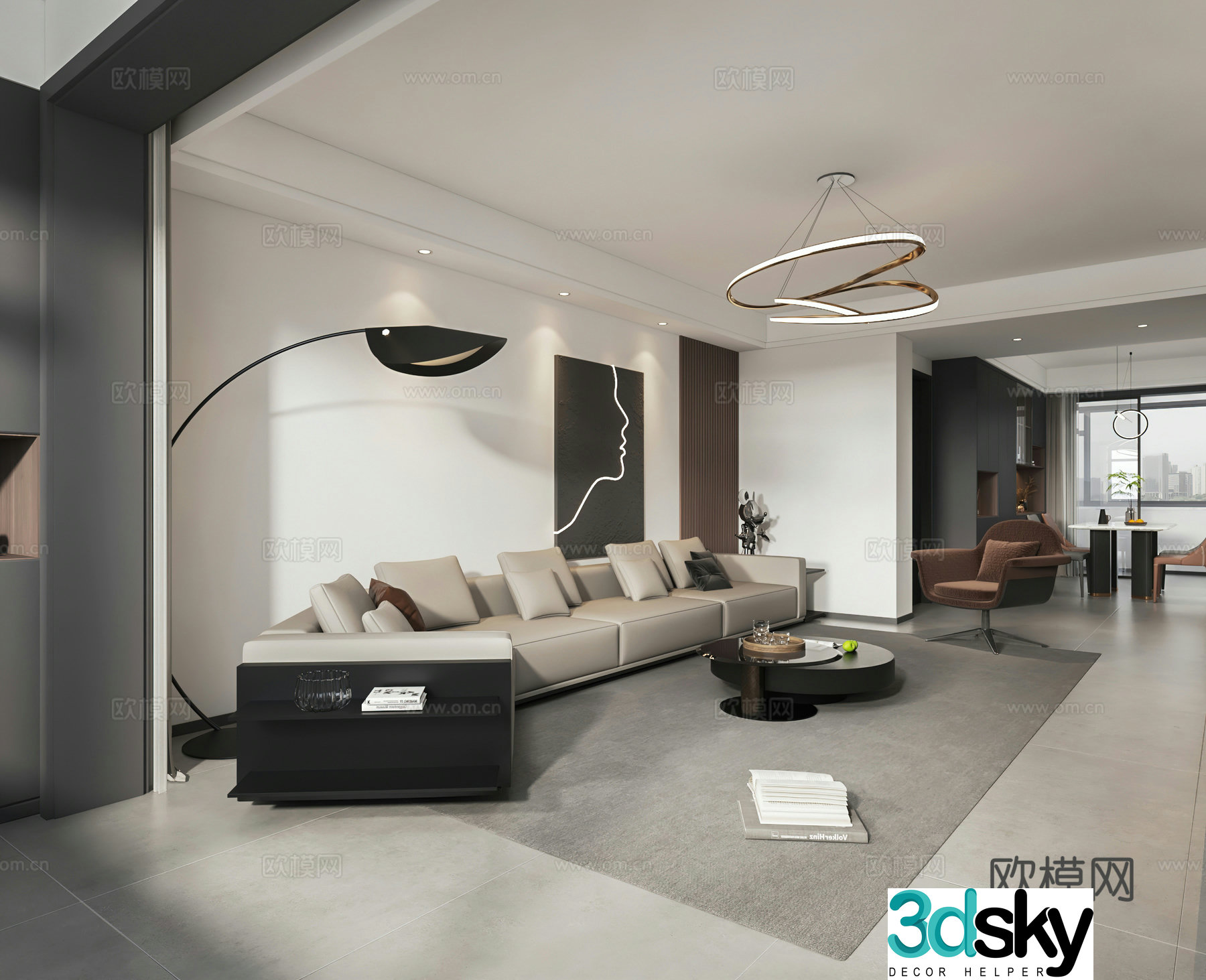 Modern black white and gray living room open kitchen wine cabinet 3D model