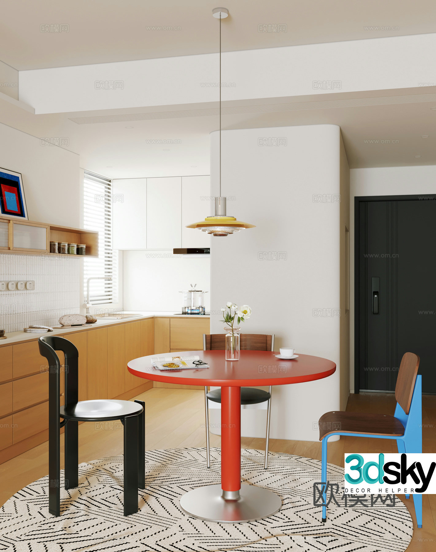 Modern retro style restaurant Dopamine restaurant Bahaus restaurant Round table restaurant 3d model