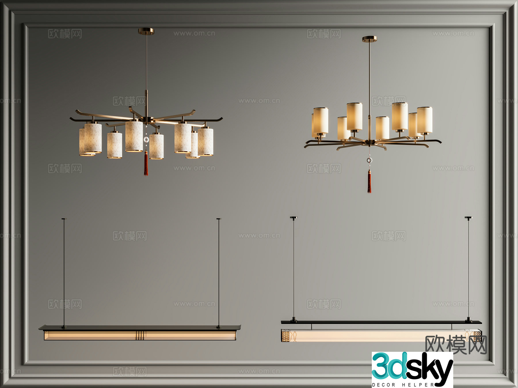 New Chinese style Chinese chandeliers New Chinese style long chandeliers Living room study chandeliers Metal chandeliers Lantern 3D model