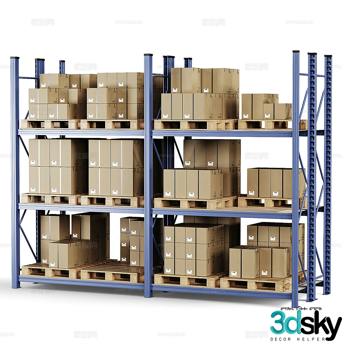 Modern shelves containers goods cartons 3d model