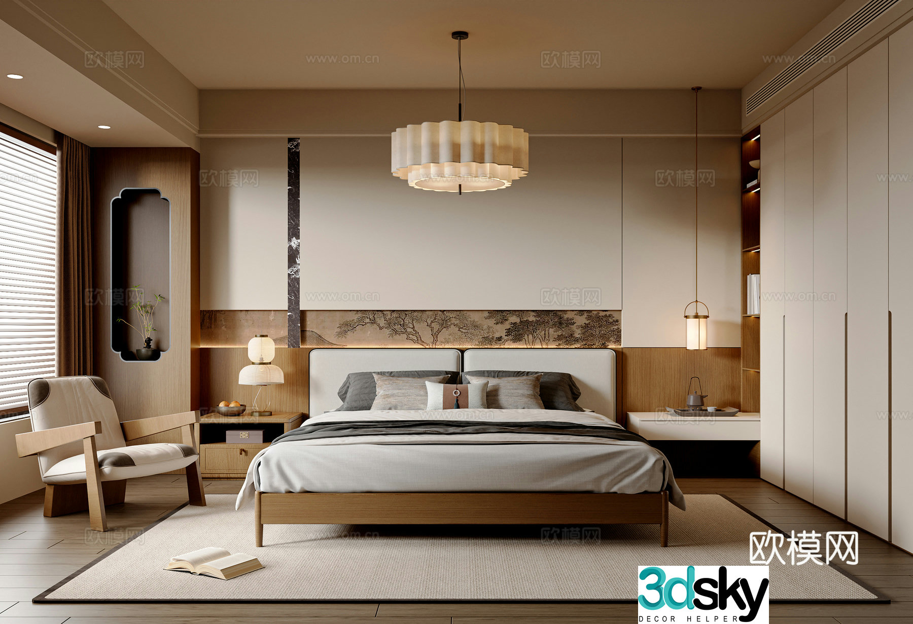 New Chinese style Song style bedroom double bed master bedroom leisure chair wardrobe new Chinese style jewelry ornaments 3D model