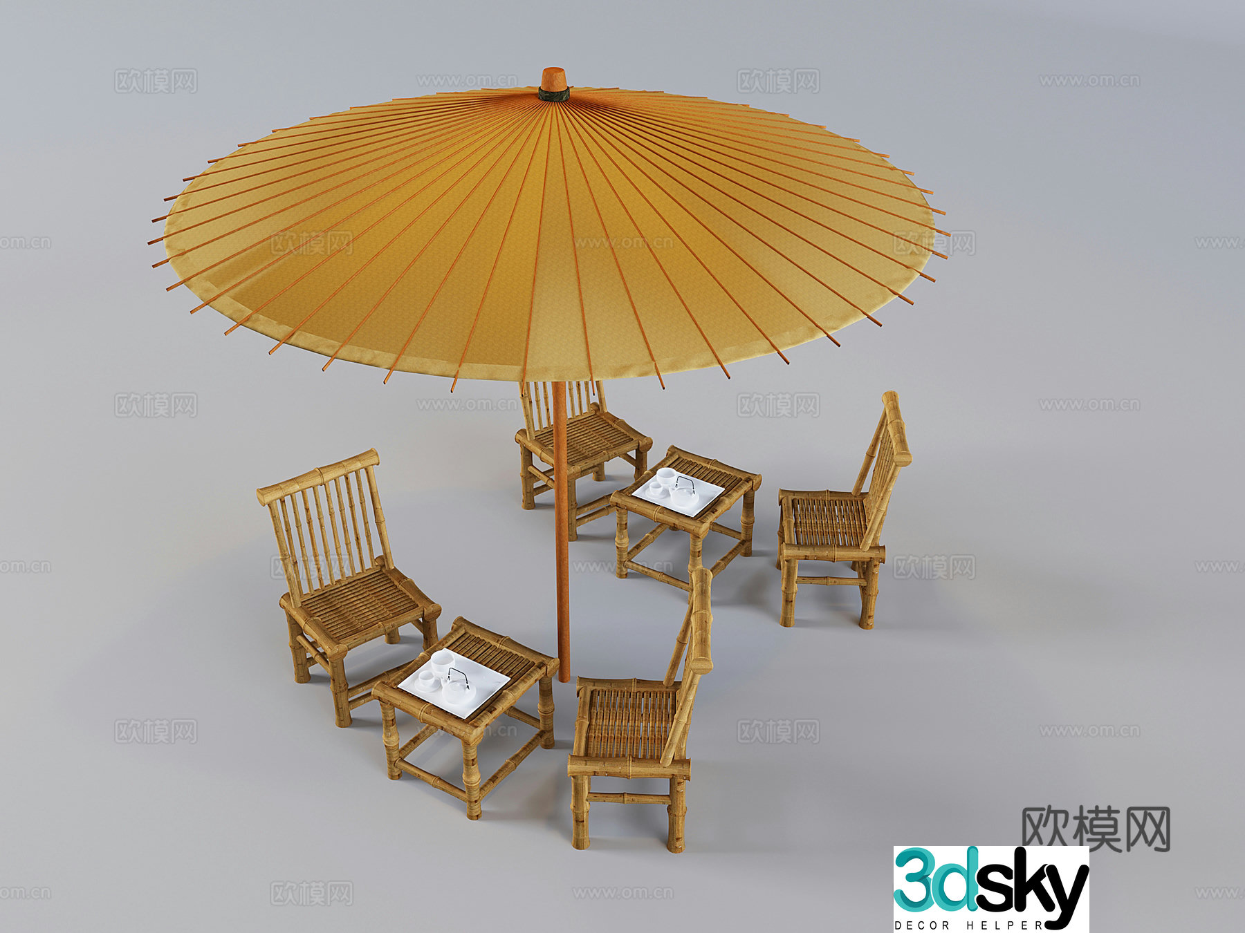 Thatched shed straw woven parasol new Chinese style bamboo woven tables and chairs solid wood bamboo woven tables and chairs 3D model