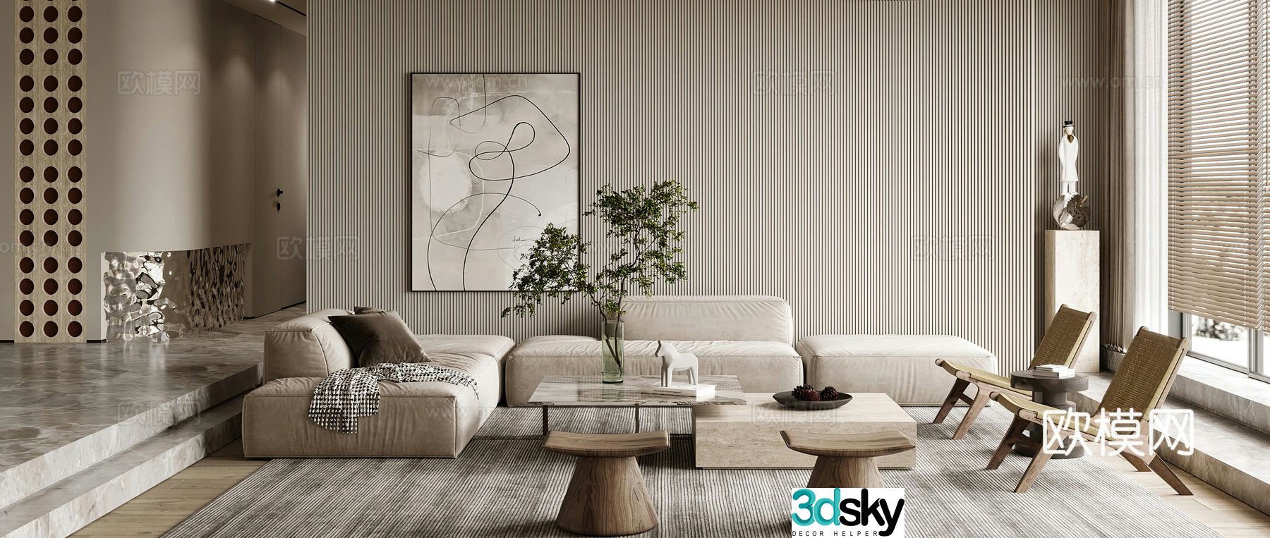 Wasabi Living Room Combination Sofa Leisure Chair Modern Living Room Log Style Living Dining Room Middle Style 3D Model