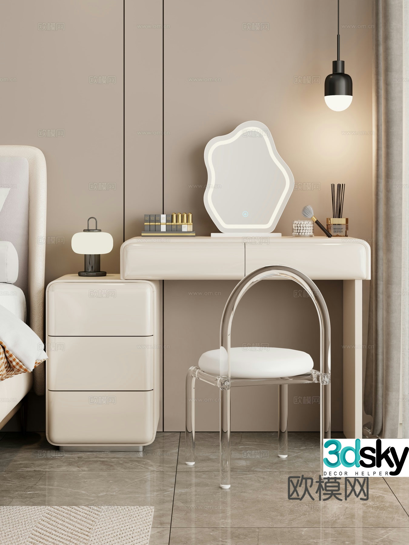 Cream style dressing table makeup stool combination dressing table makeup stool mirror decoration hanging painting 3D model