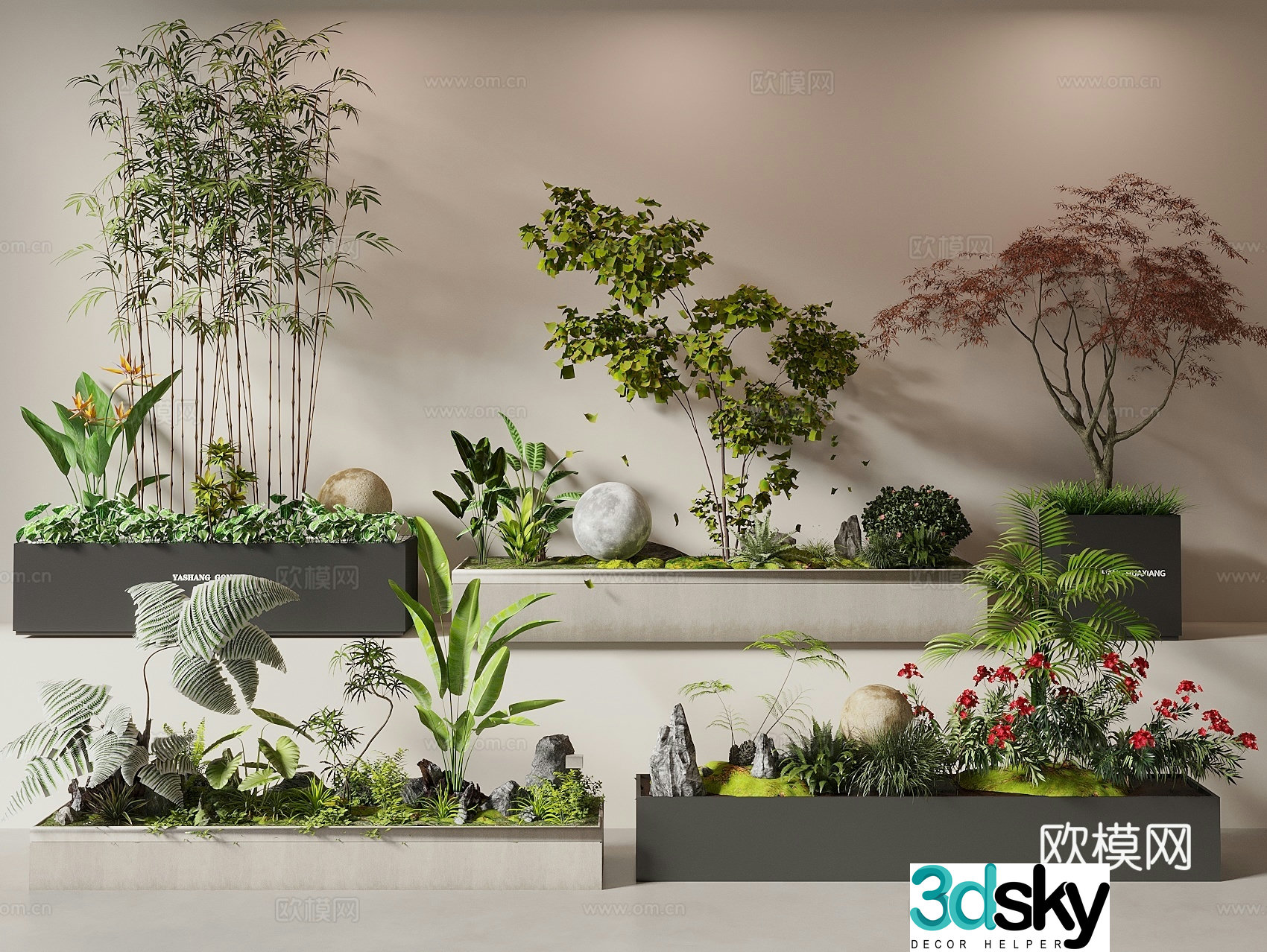 Flower box exterior plant flower box plant pile bamboo red maple mobile flower box 3D model