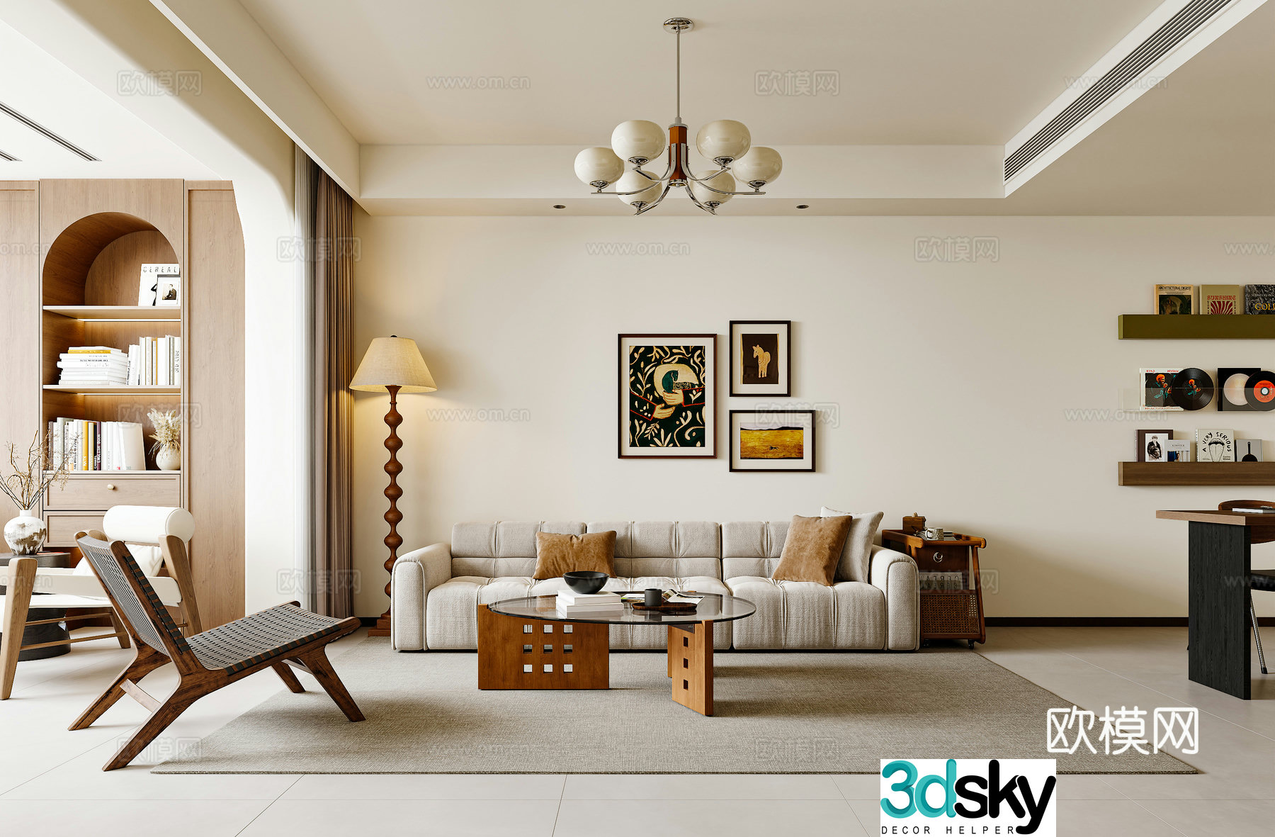 Medium living room Medium sofa tea table combination Medium bookcase Medium chandeliers Medium floor lamp 3D model