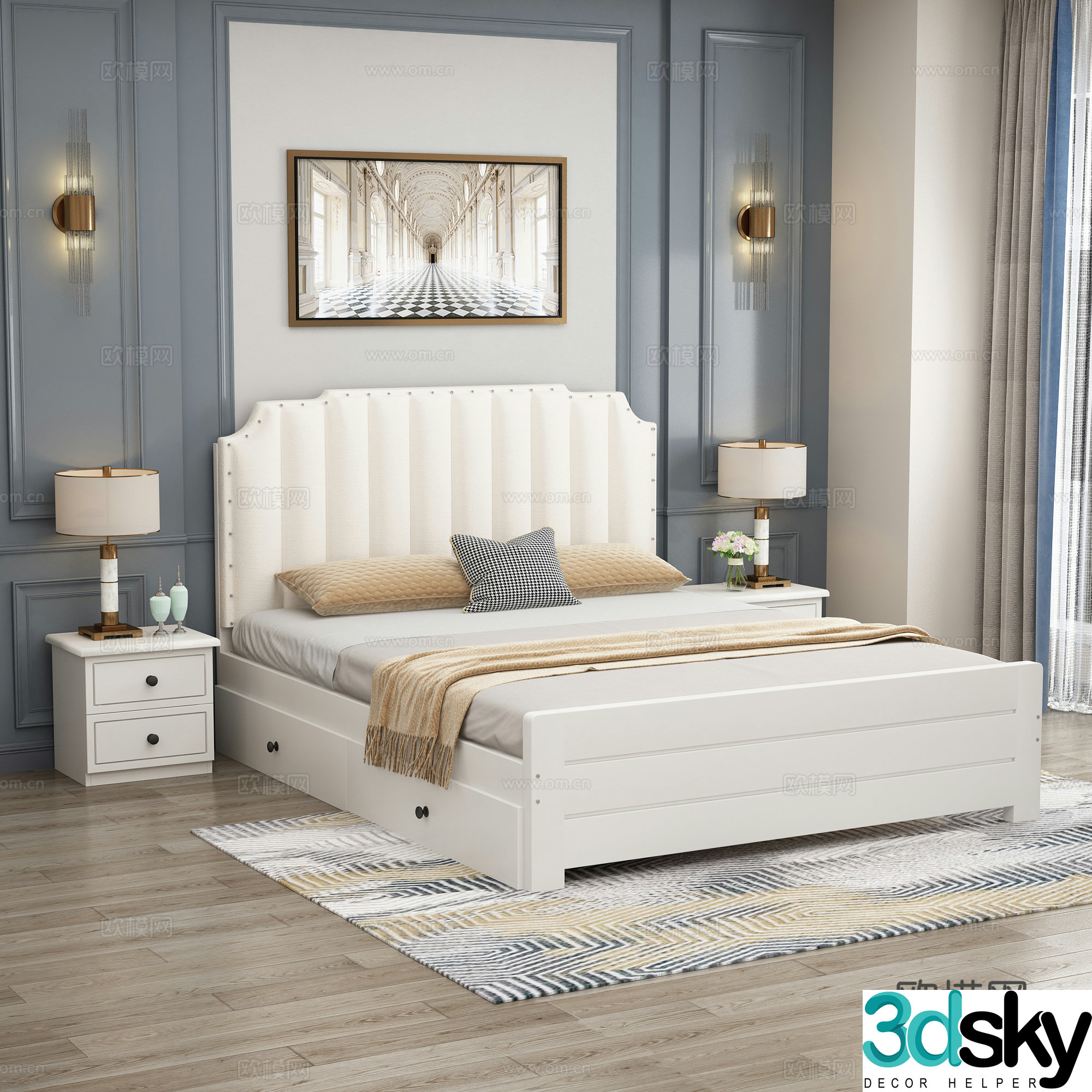 Simple European double bed 3D model