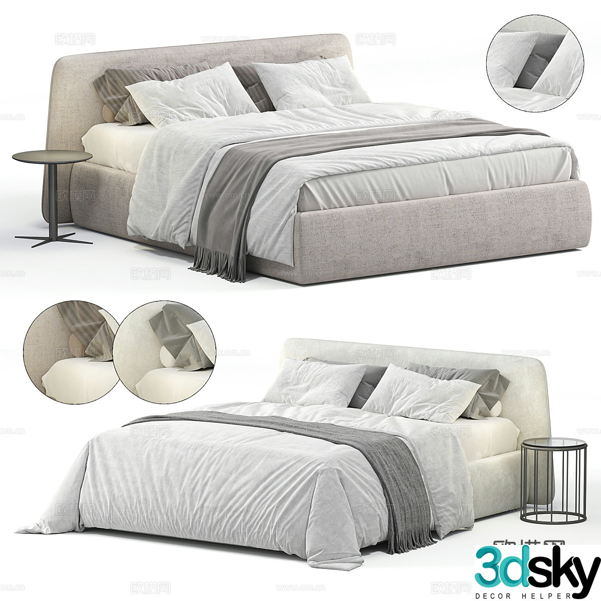 Modern cream style fabric double bed 3d model