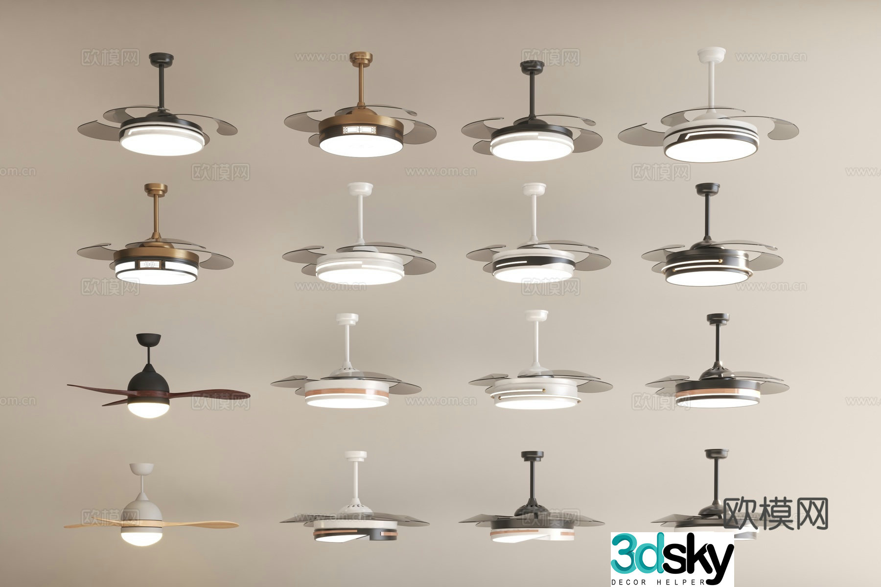 Fan lights new style creamy style log style living room and dining room fan lights lamps integrated hanging 3D model