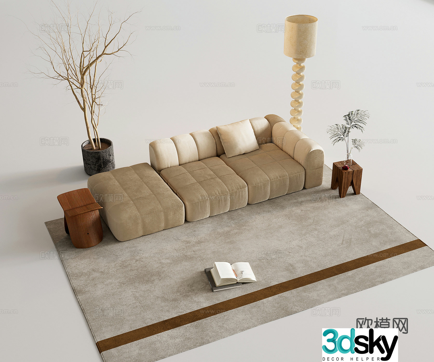 Modern sofa multi-person sofa floor lamp single chair stool green plant 3d model