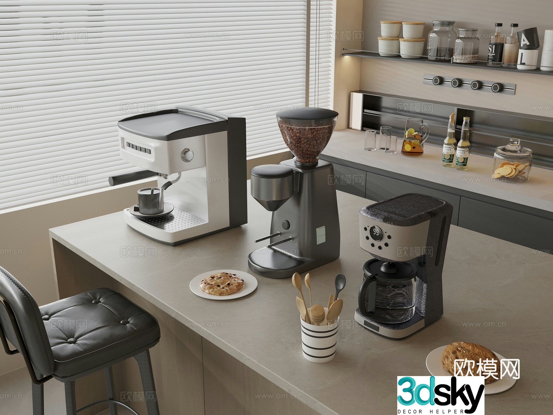 Coffee machine Bean grinder Coffee beans Drinks Dessert Coffee cup Bar bar chair 3d model