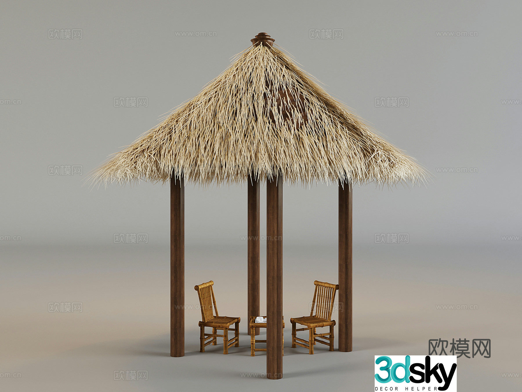 Chinese thatched hut rest pavilion thatched gazebo landscape pavilion bamboo table and chair 3D model