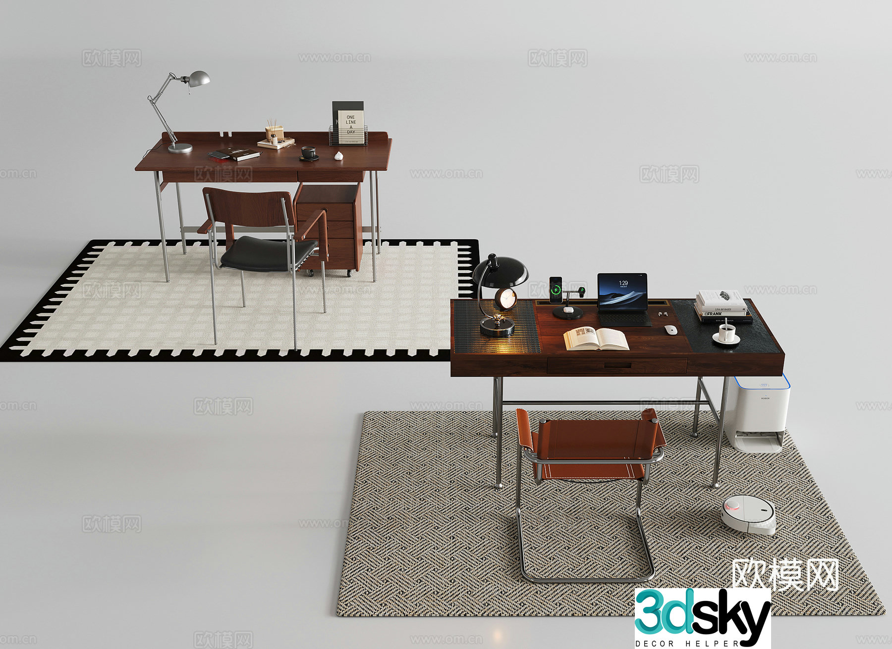 Modern study table combination study chair single chair jewelry ornaments study table desk desk lamp 3d model