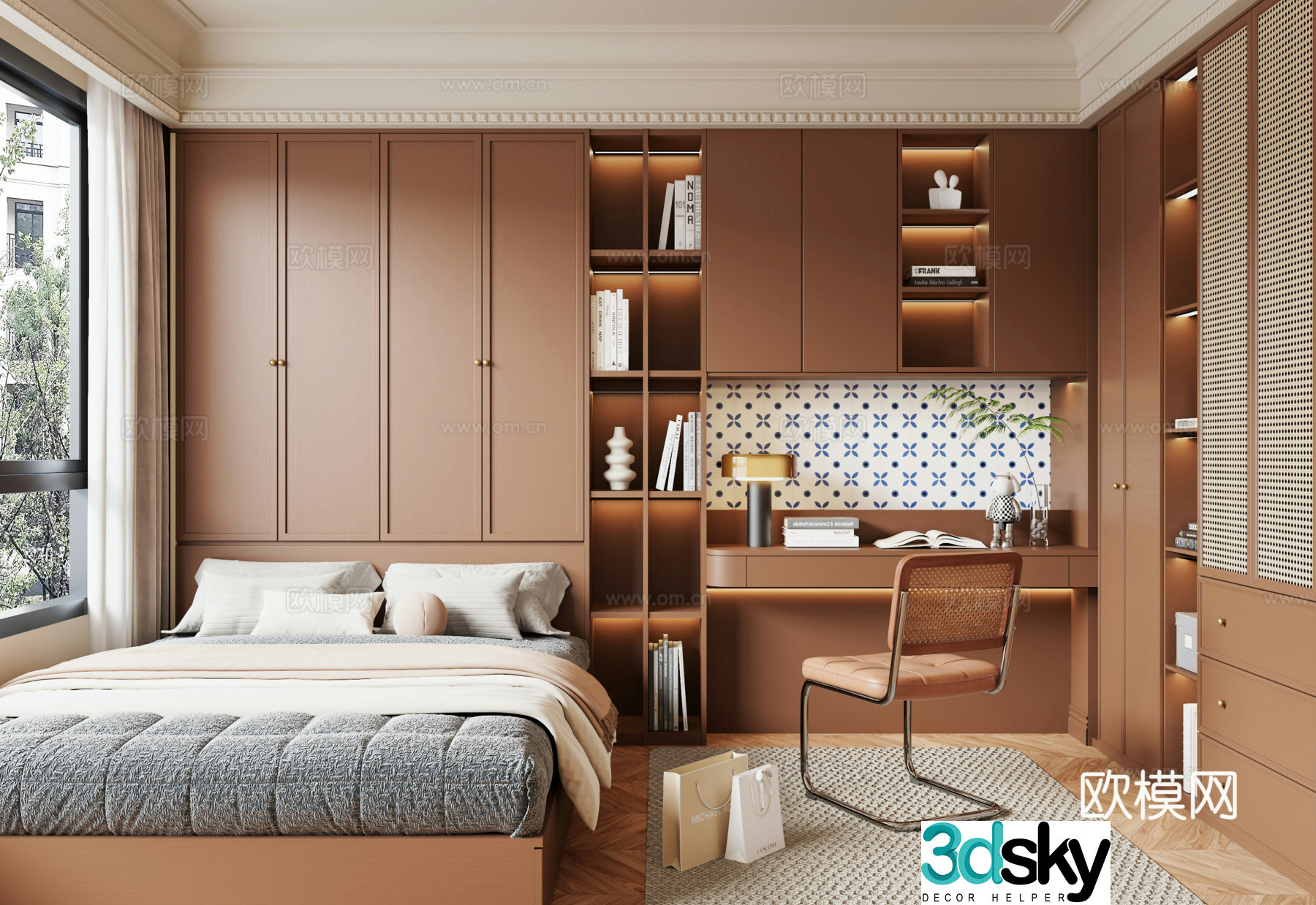 Modern medieval style tatami bedroom bookcase desk chair single bed wardrobe 3d model