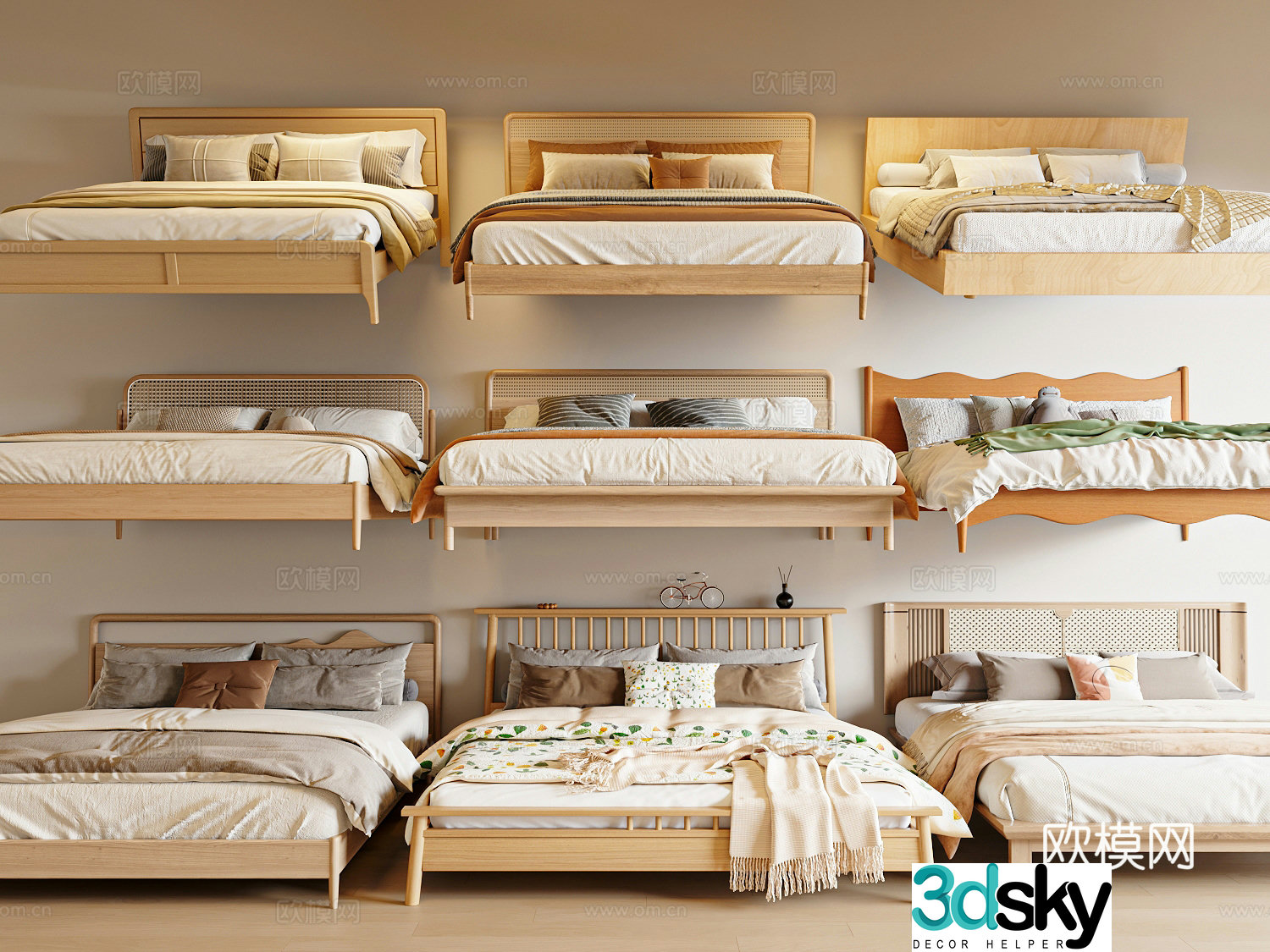 Log style double bed solid wood bed shelf bed fabric bed 3d model
