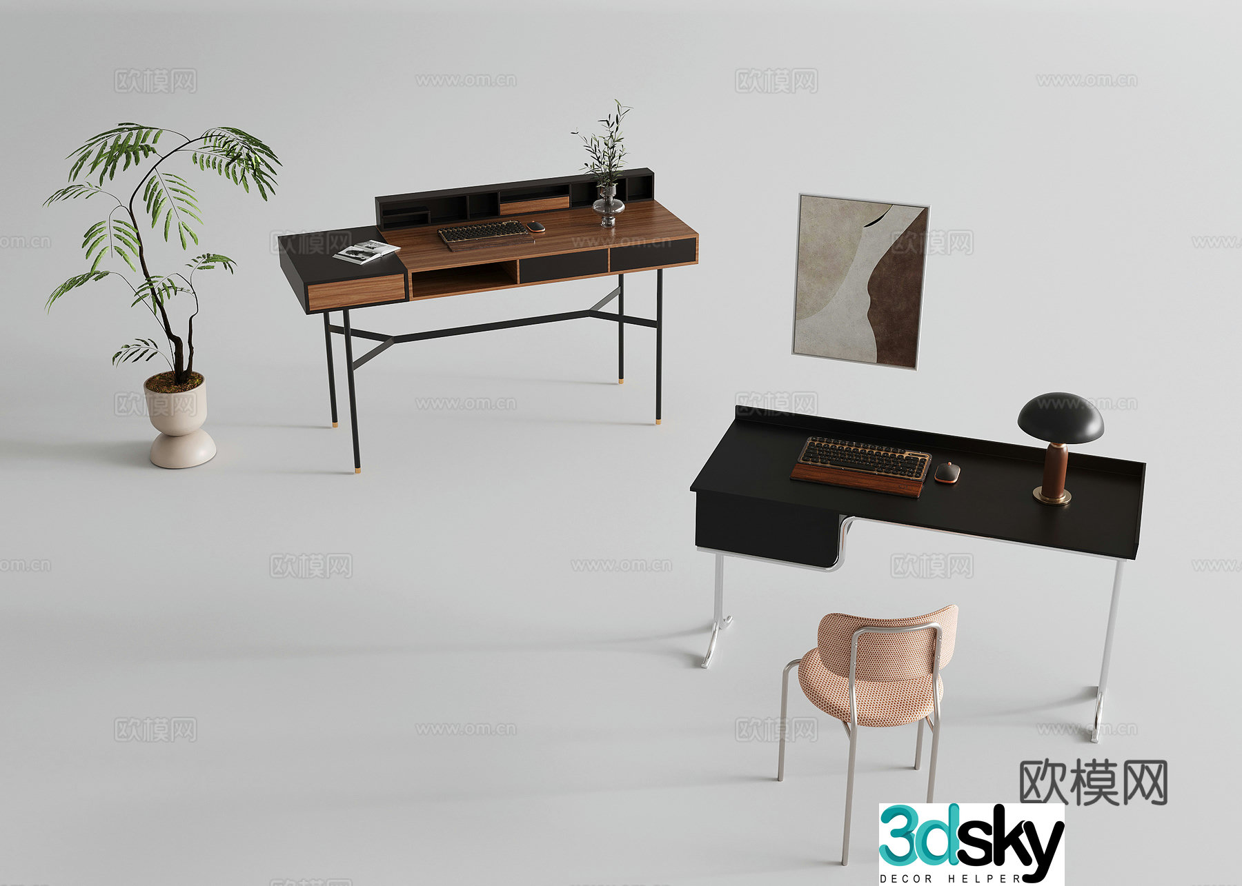 Modern study table combination study chair single chair jewelry ornaments study table desk 3d model