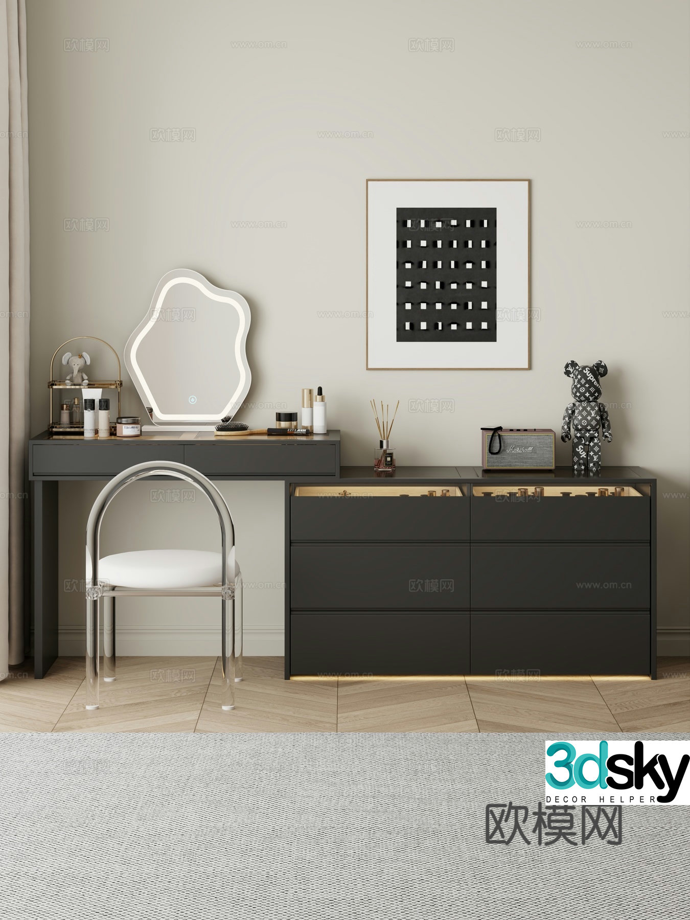 Cream style dressing table makeup stool combination dressing table makeup stool mirror decoration hanging painting 3D model
