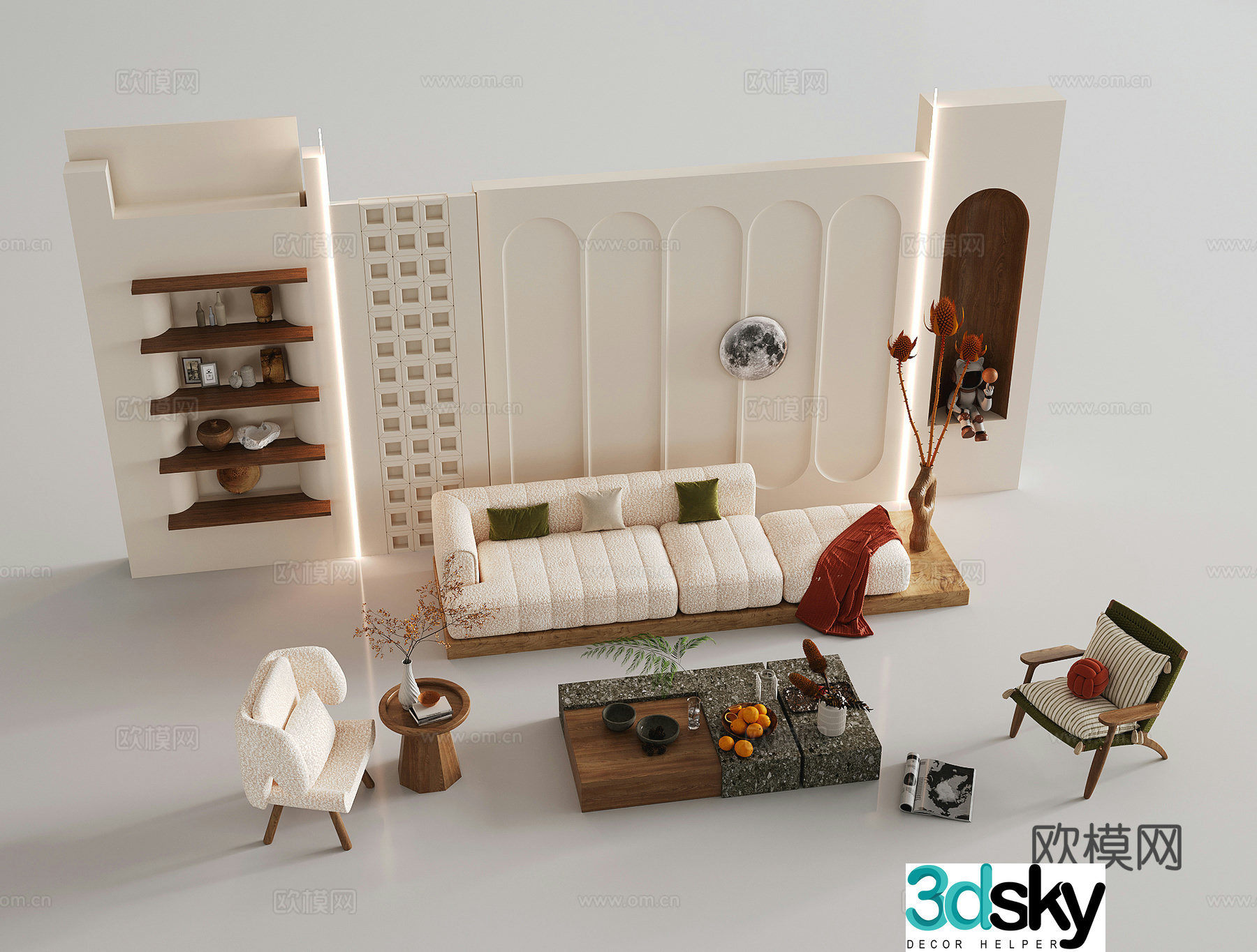 Wasabi background wall sofa coffee table combination single chair leisure chair multi-person sofa 3D model