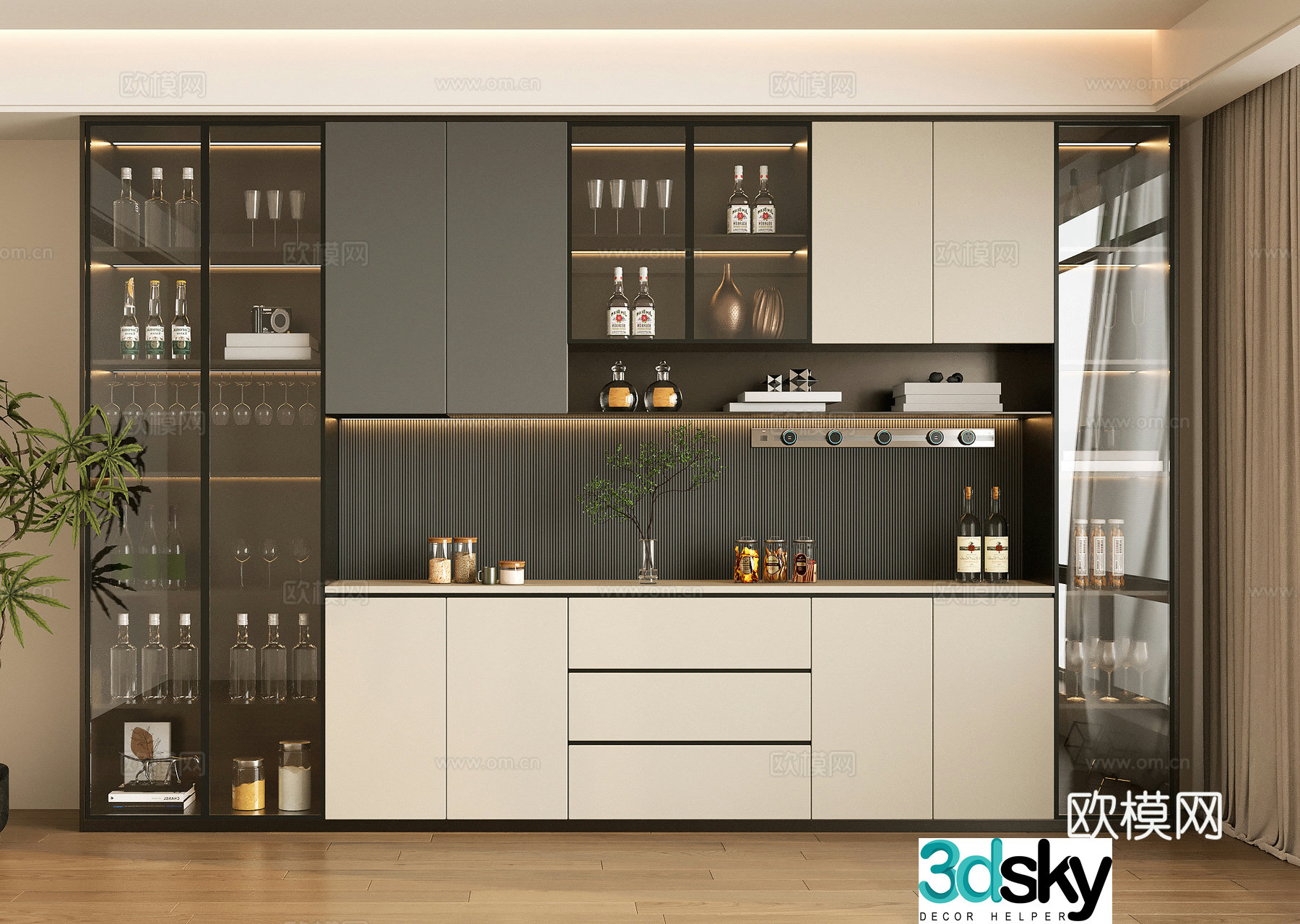 Modern wine cabinet sideboard decorative wine cabinet glass wine cabinet semi-open display cabinet tea 3D model