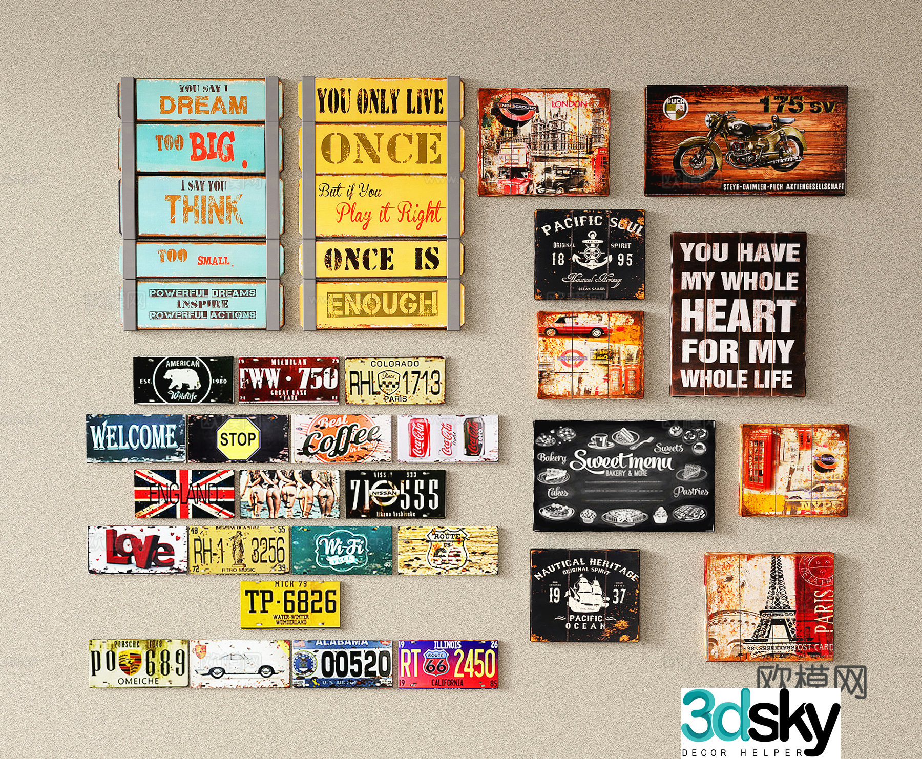 Modern wall decoration industrial style decoration painting license plate cultural wall signboard decorative painting combination 3D model