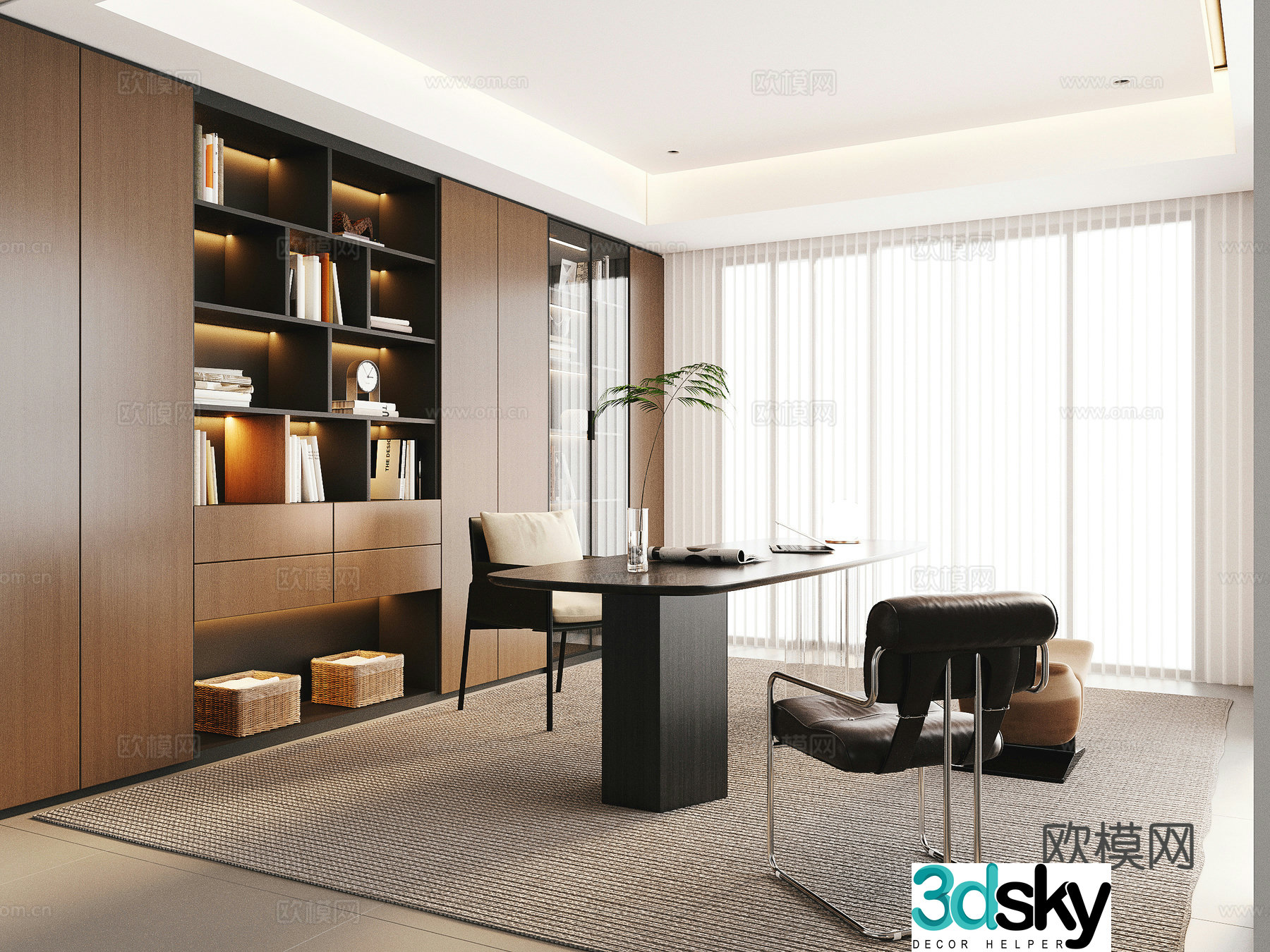 Italian study desk leisure chair leather chair bookcase book decoration carpet 3d model