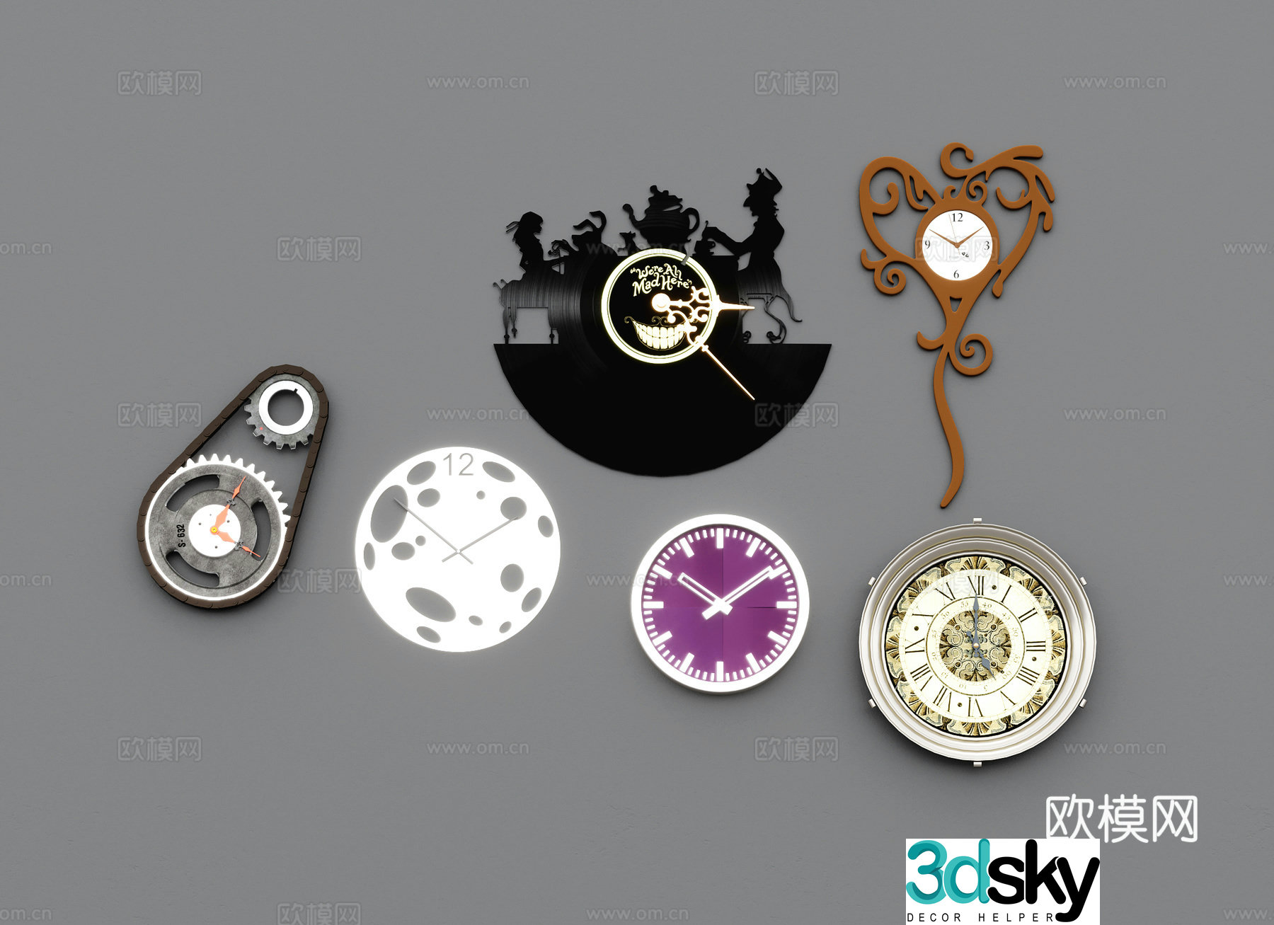 Modern retro hanging table glowing clock metal wall clock wall decoration pendant hanging clock 3d model