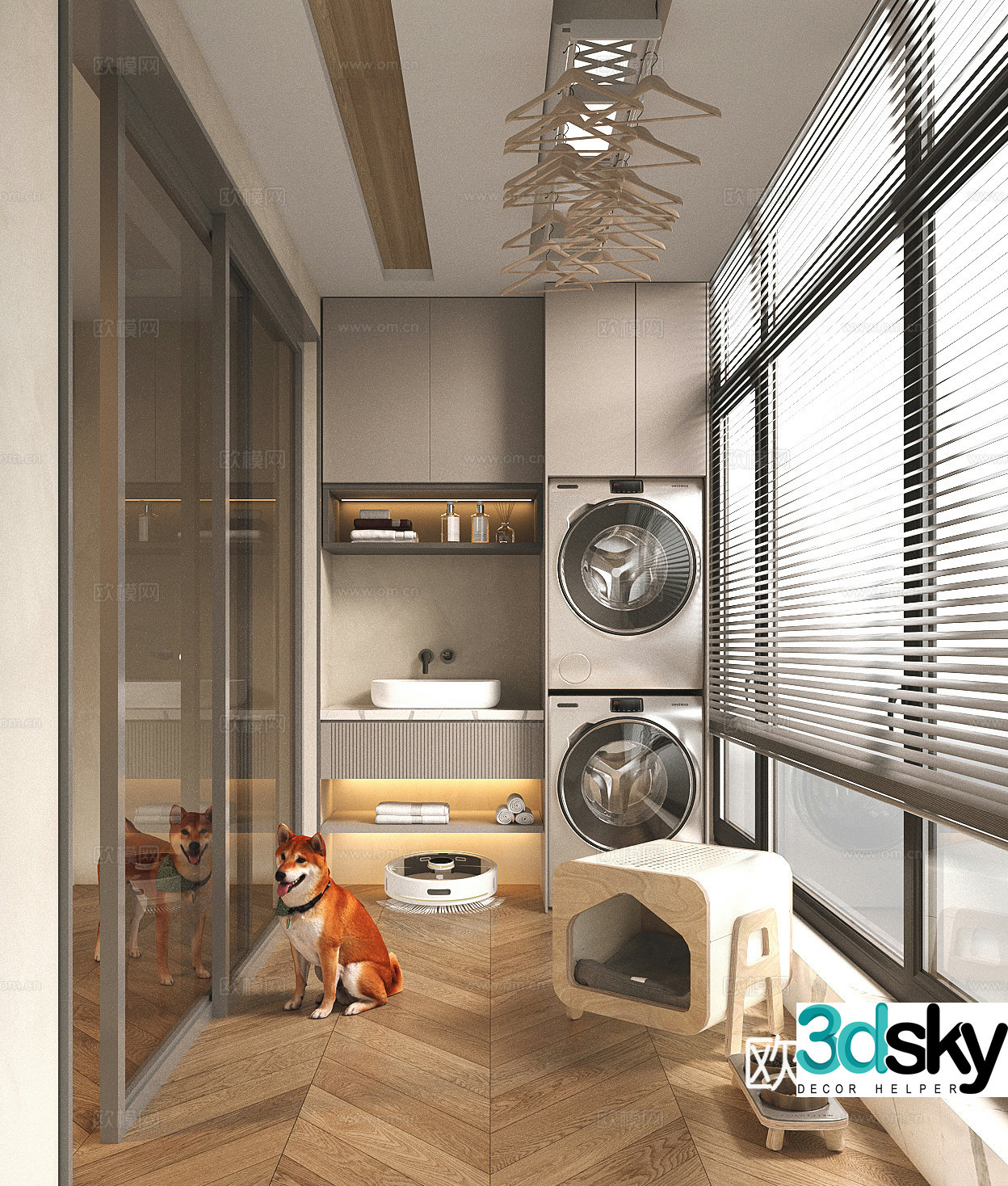 Modern washing machine cabinet Balcony washing machine cabinet Washing table Sweeping robot Clothes rack Drying 3D model