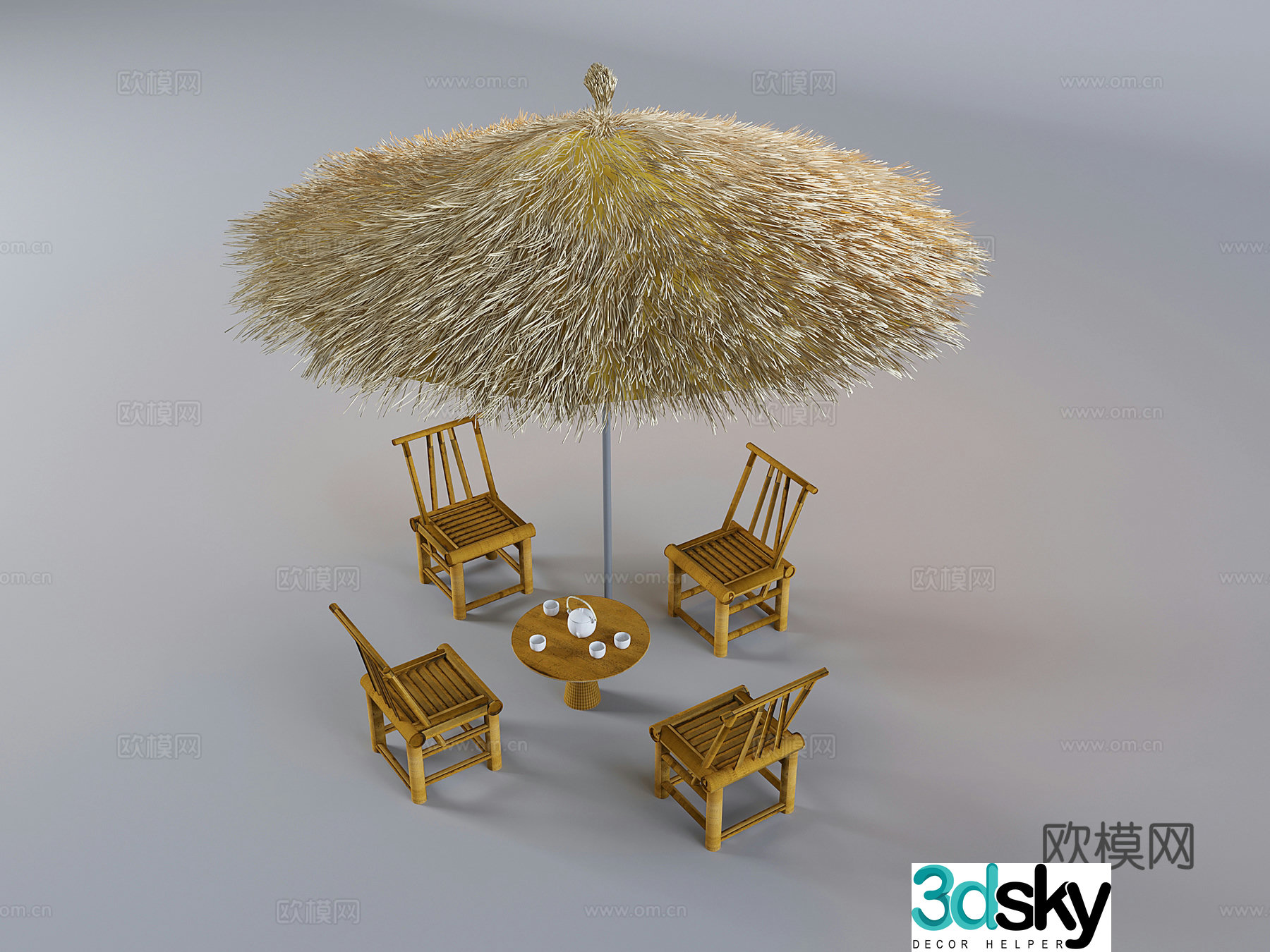 Thatched shed straw woven parasol new Chinese style bamboo woven table and chair solid wood round table and bamboo woven chair 3D model