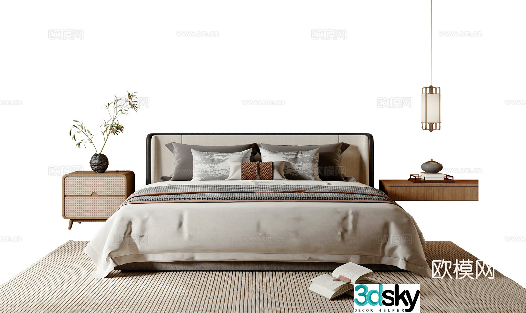 New Chinese style double bed leisure chair new Chinese style jewelry ornaments new Chinese style chandeliers bedside table 3D model