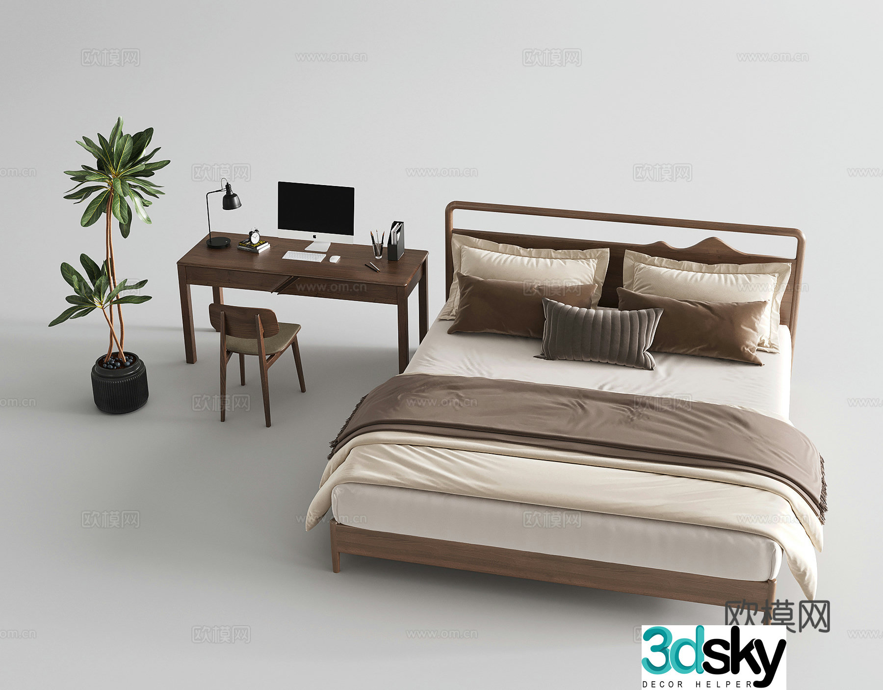 Middle style bed study desk desk bonsai 3d model
