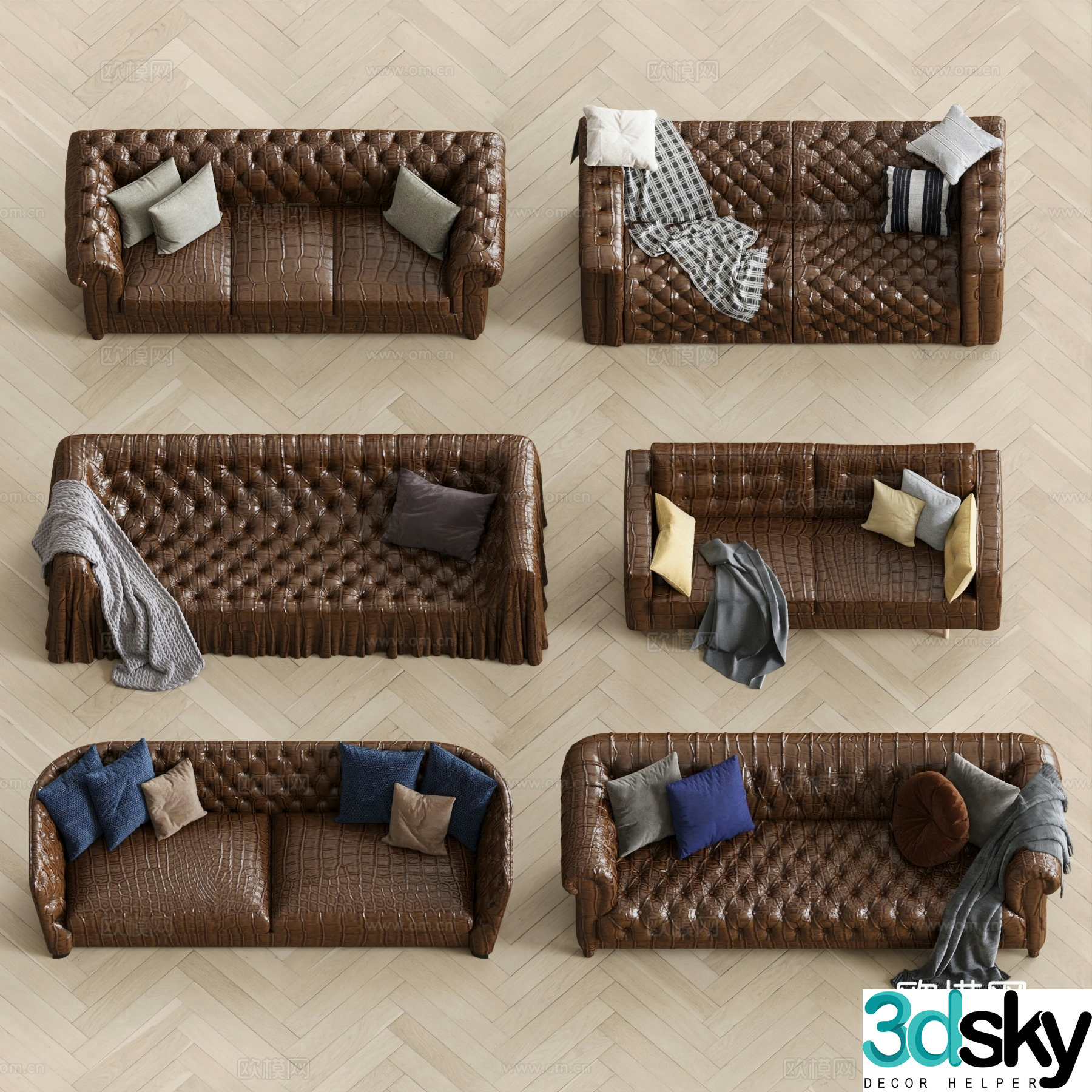 American European sofa combination double sofa three-person sofa leather 3D model