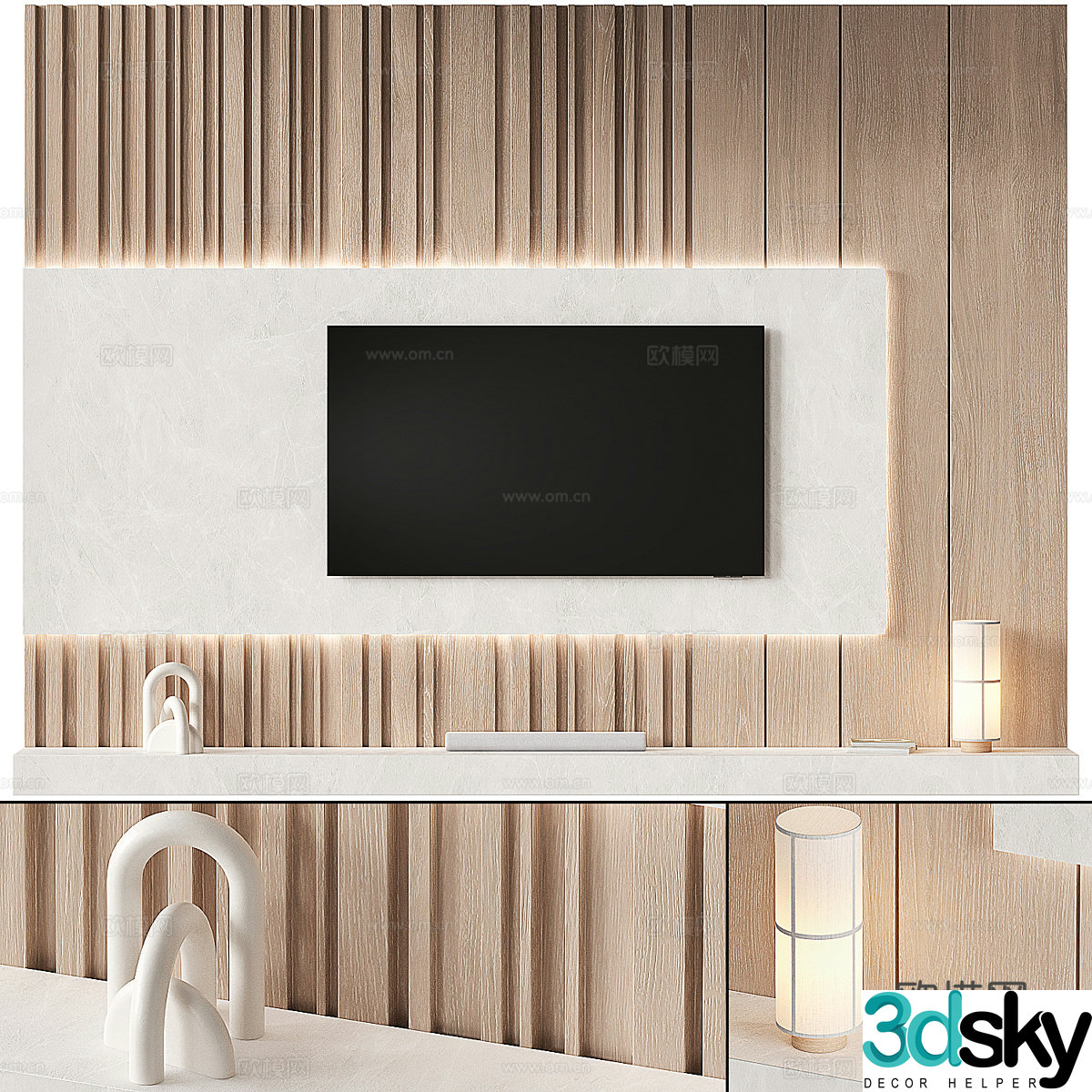 Modern log wind TV background wall 3d model