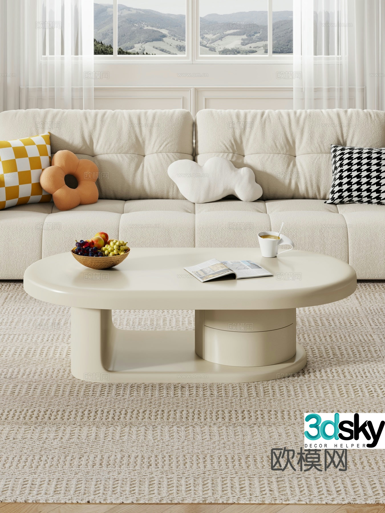Creamy living room coffee table sofa coffee table combination decoration 3d model