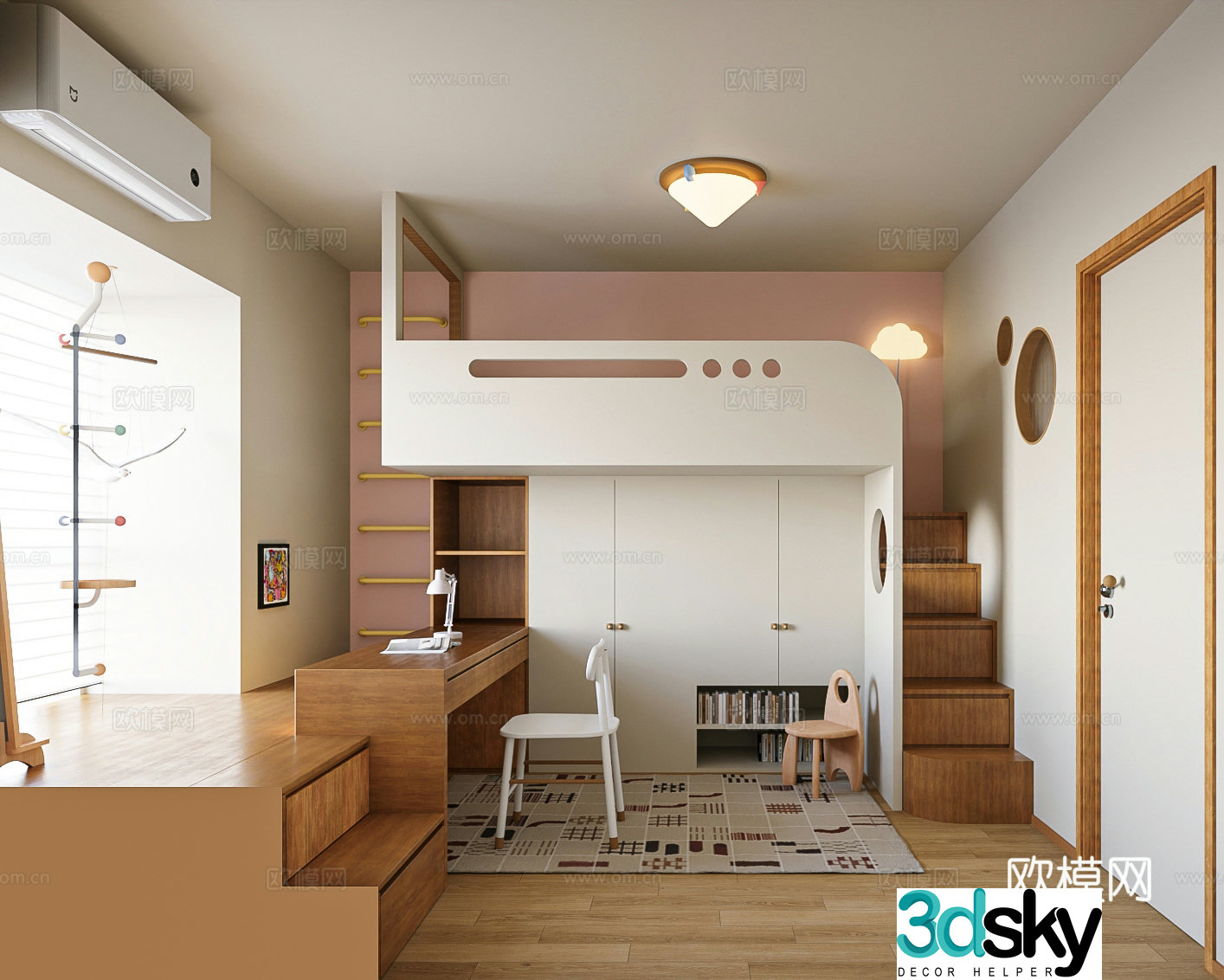 Modern log style children’s room bed desk children’s room cabinet customization children’s fun 3D model