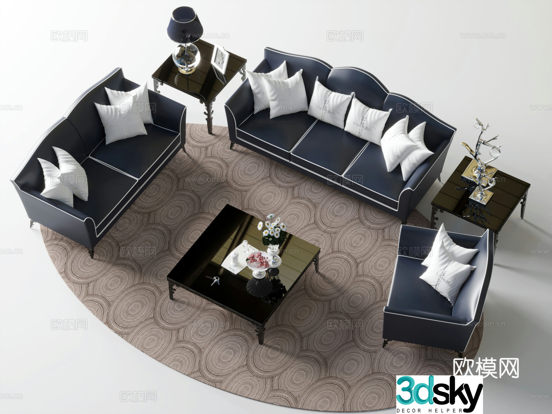 American sofa coffee table combination table lamp floral ornament 3D model