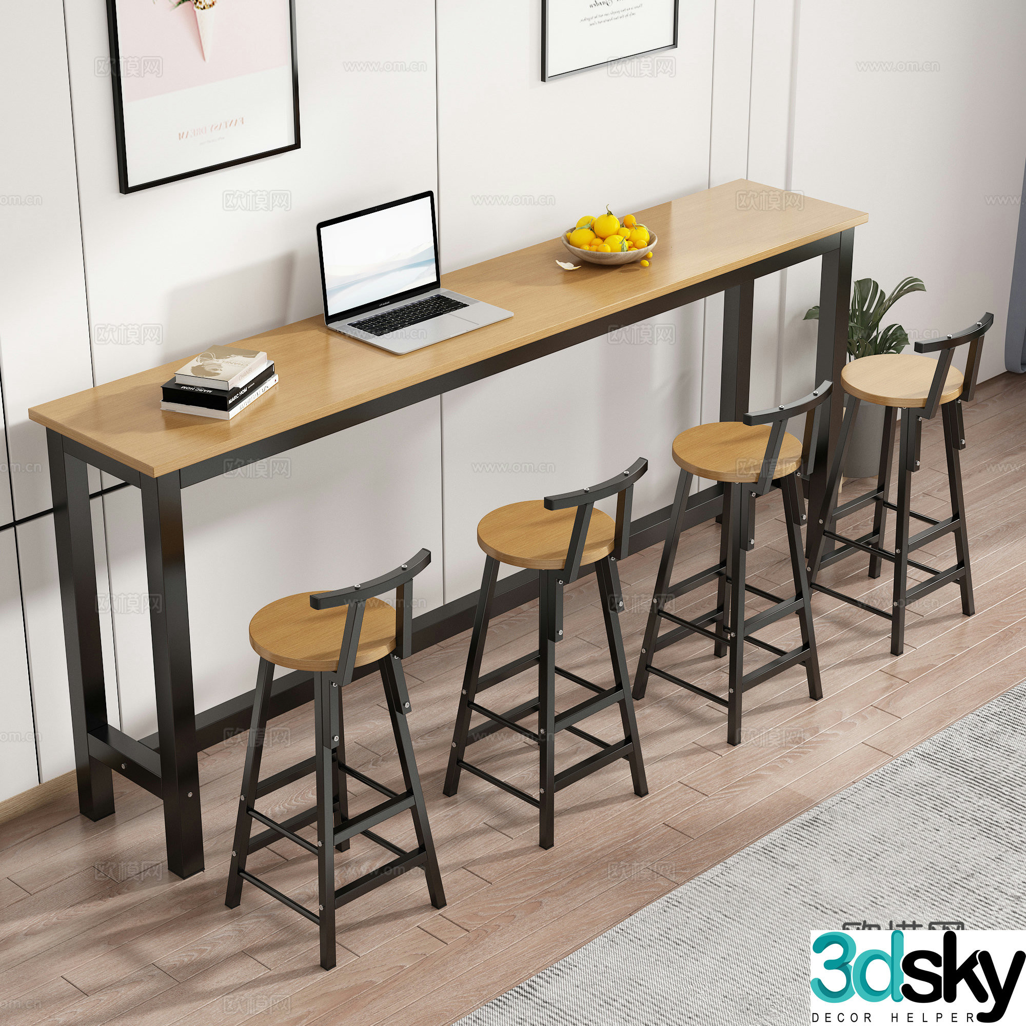 Bar table and chair laptop book fruit green plants 3d model