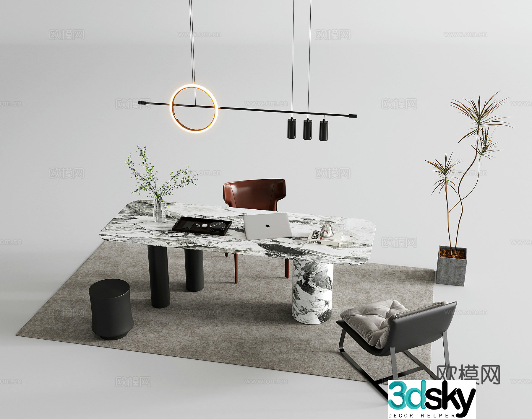 Middle style desk office desk leisure chair single chair stool 3d model