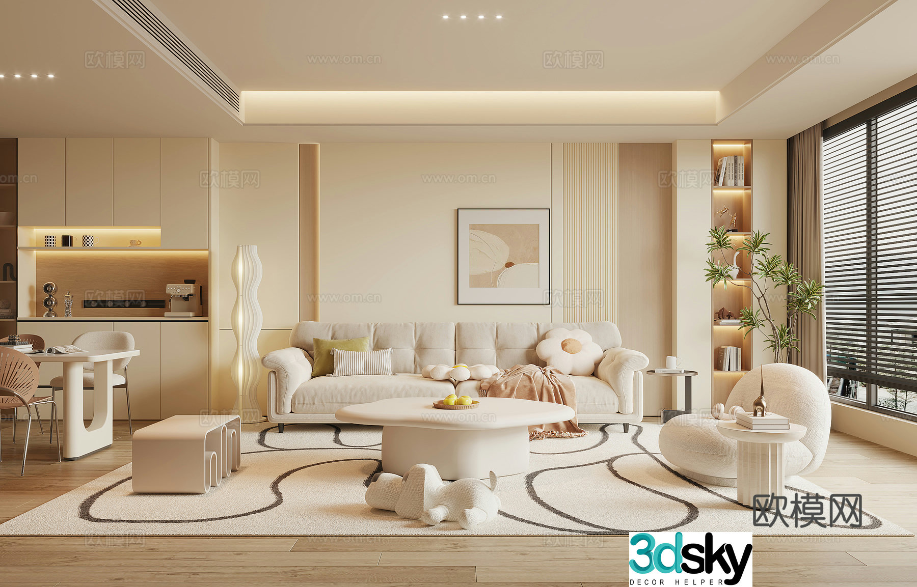 Modern Cream Style Restaurant 3D Model