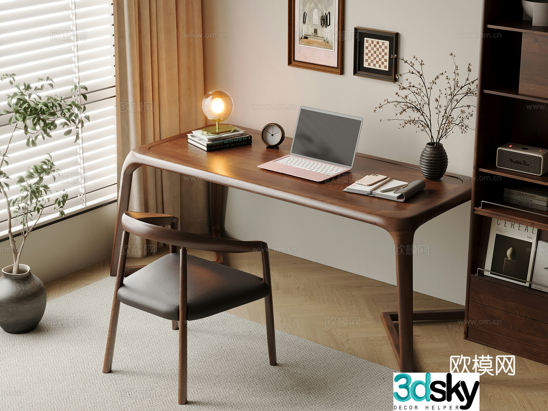 Middle-aged style desk and chair solid wood computer desk and chair writing desk study desk and chair solid wood single chair bookcase 3D model