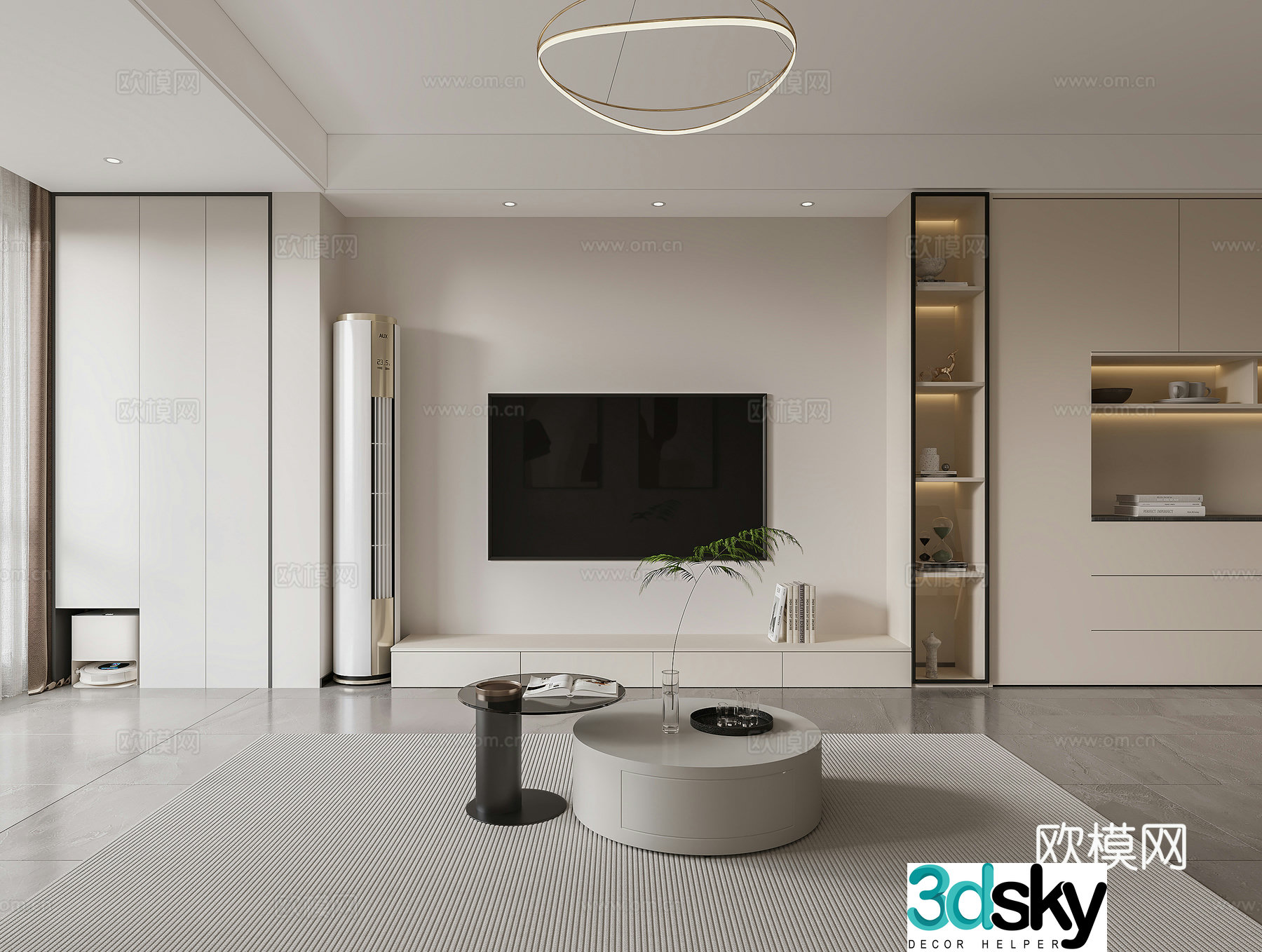 Modern living room TV background wall simple TV cabinet simple living and dining table cream 3d model