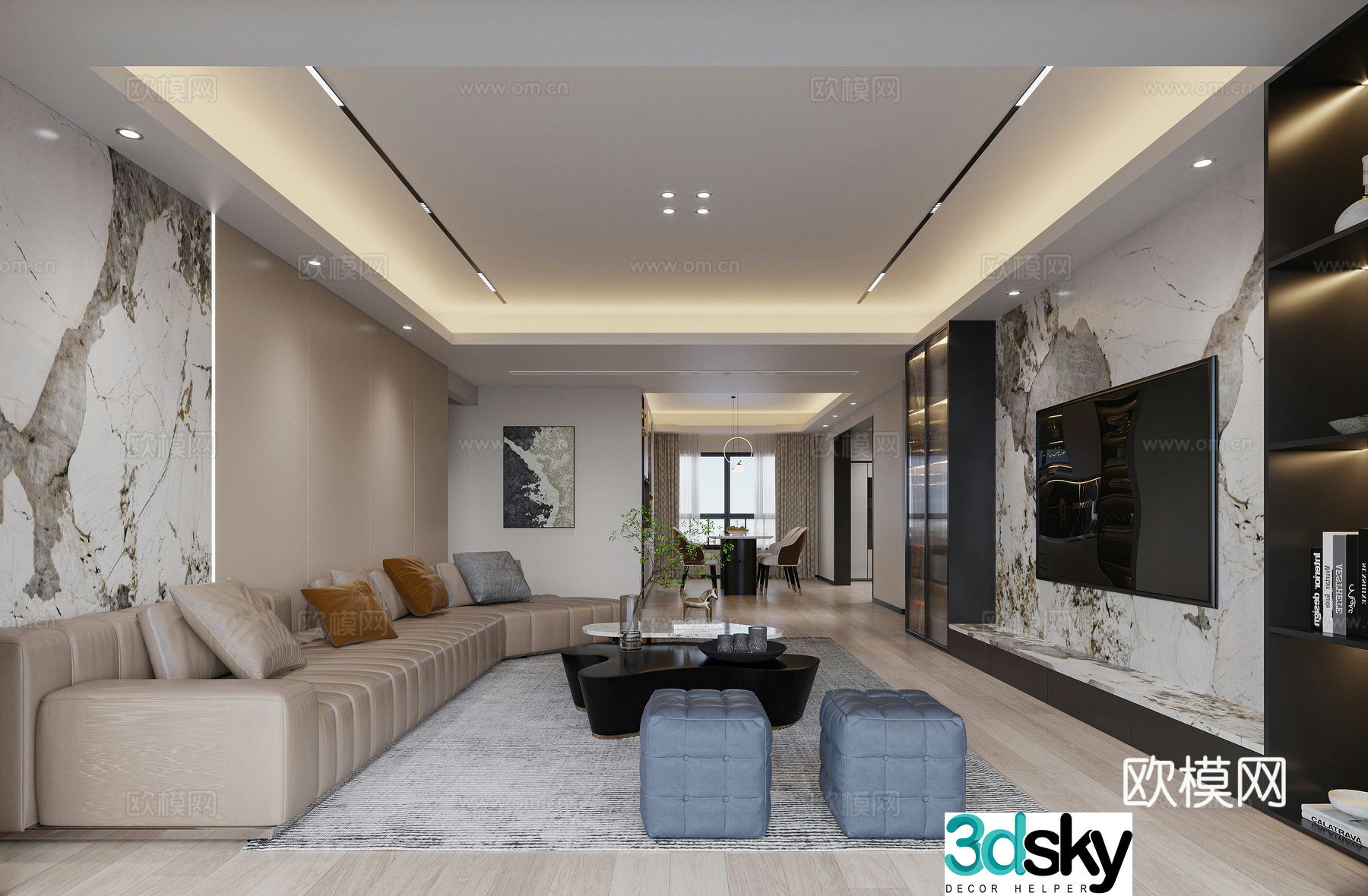 Modern living and dining room 3d model