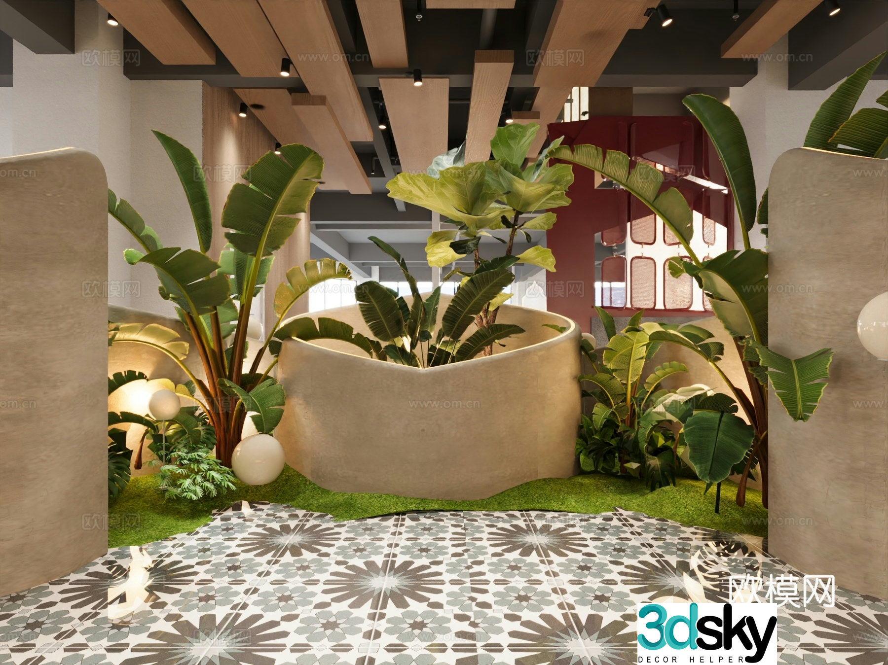 Modern interior landscape restaurant green plant landscaping 3D model