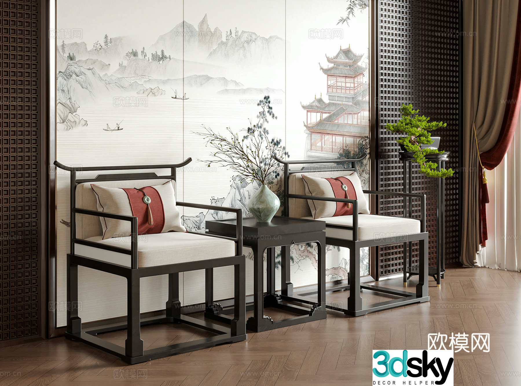 New Chinese style single chair leisure chair tea chair book chair dining chair 3d model