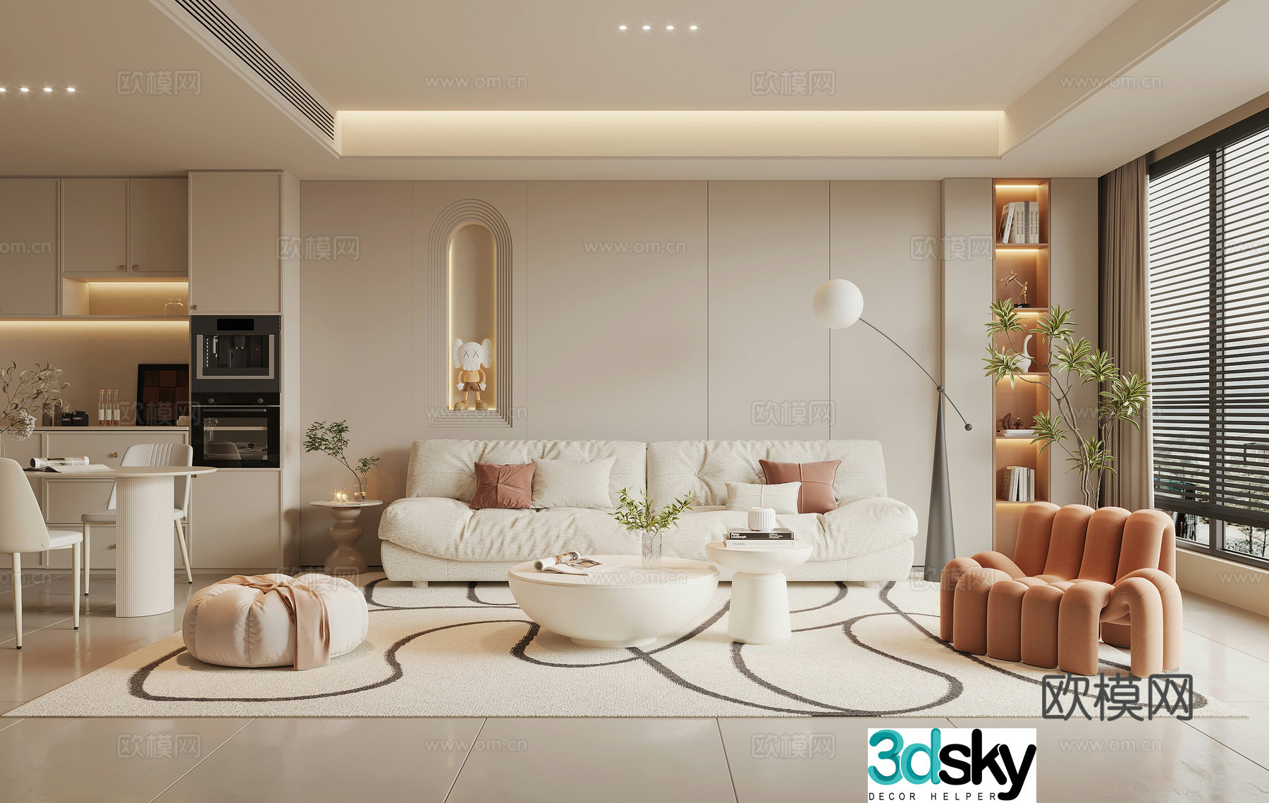 Modern Cream Style Restaurant 3D Model
