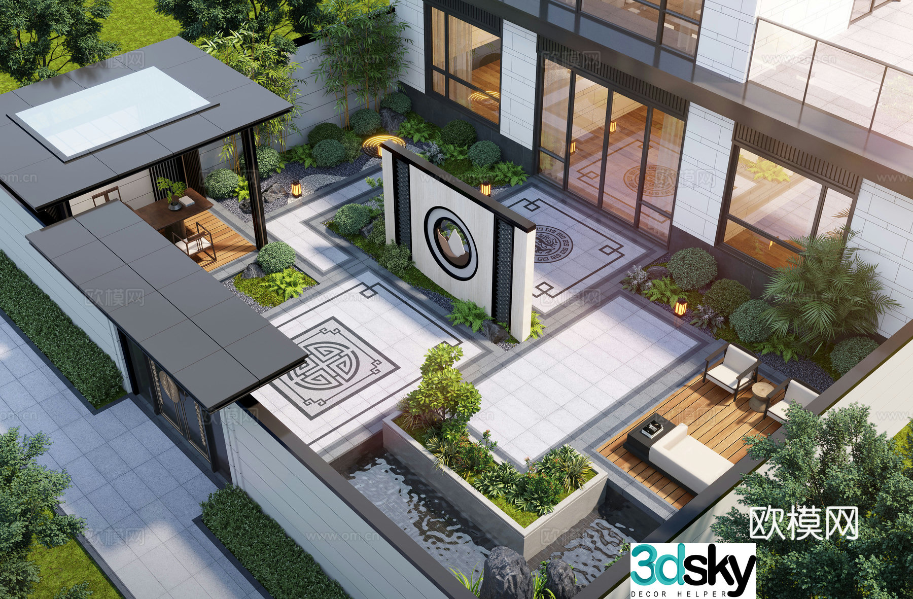New Chinese style courtyard landscape family courtyard landscape sketch pavilion rockery waterscape landscape wall 3D model