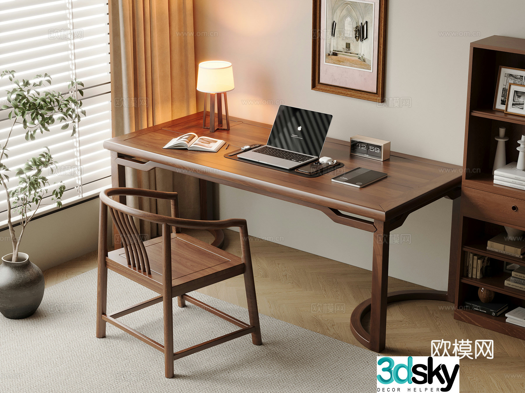 Middle-aged style desk and chair solid wood computer desk and chair writing desk study desk and chair solid wood single chair bookcase 3D model
