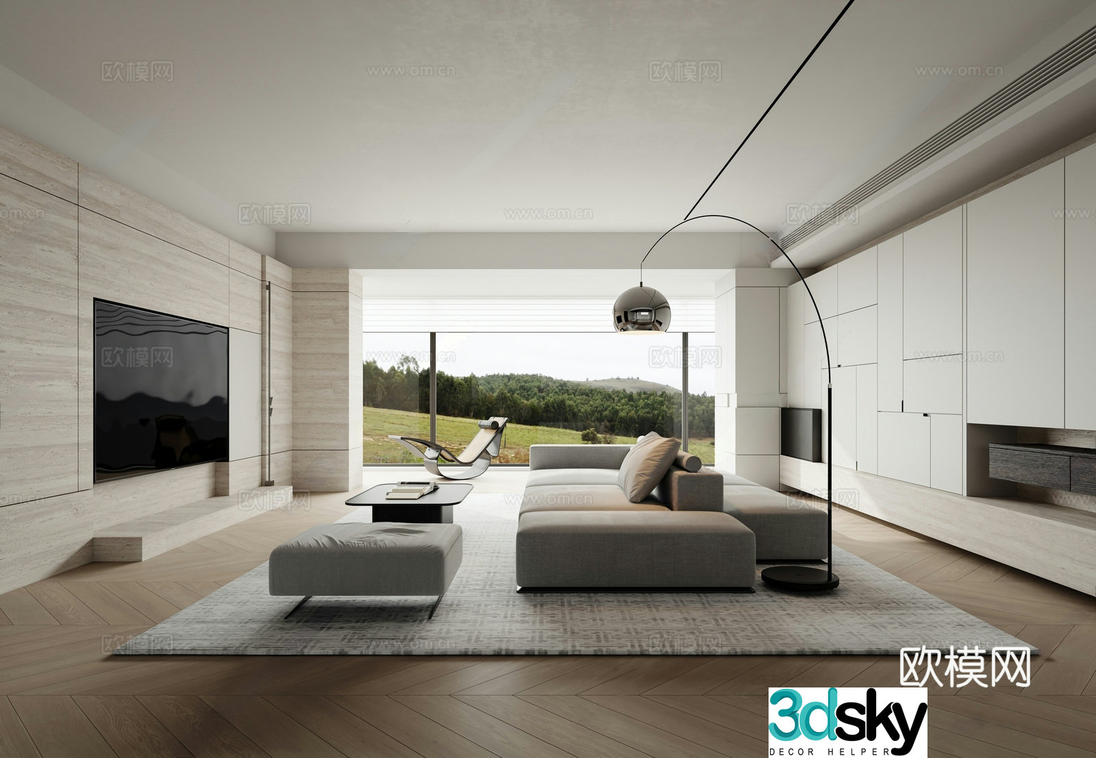 Modern simple home living room horizontal hall living room without lights high-end gray living room black and white gray living room 3D model