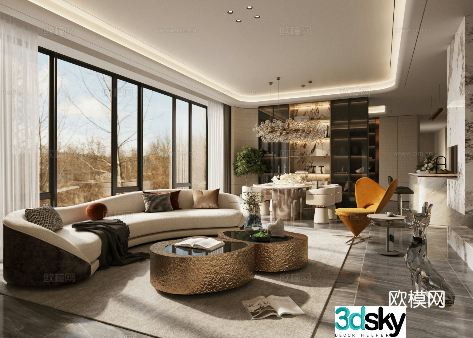 Modern living and dining room large flat floor living and dining room sofa and coffee table combination light luxury Italian living and dining room 3D model