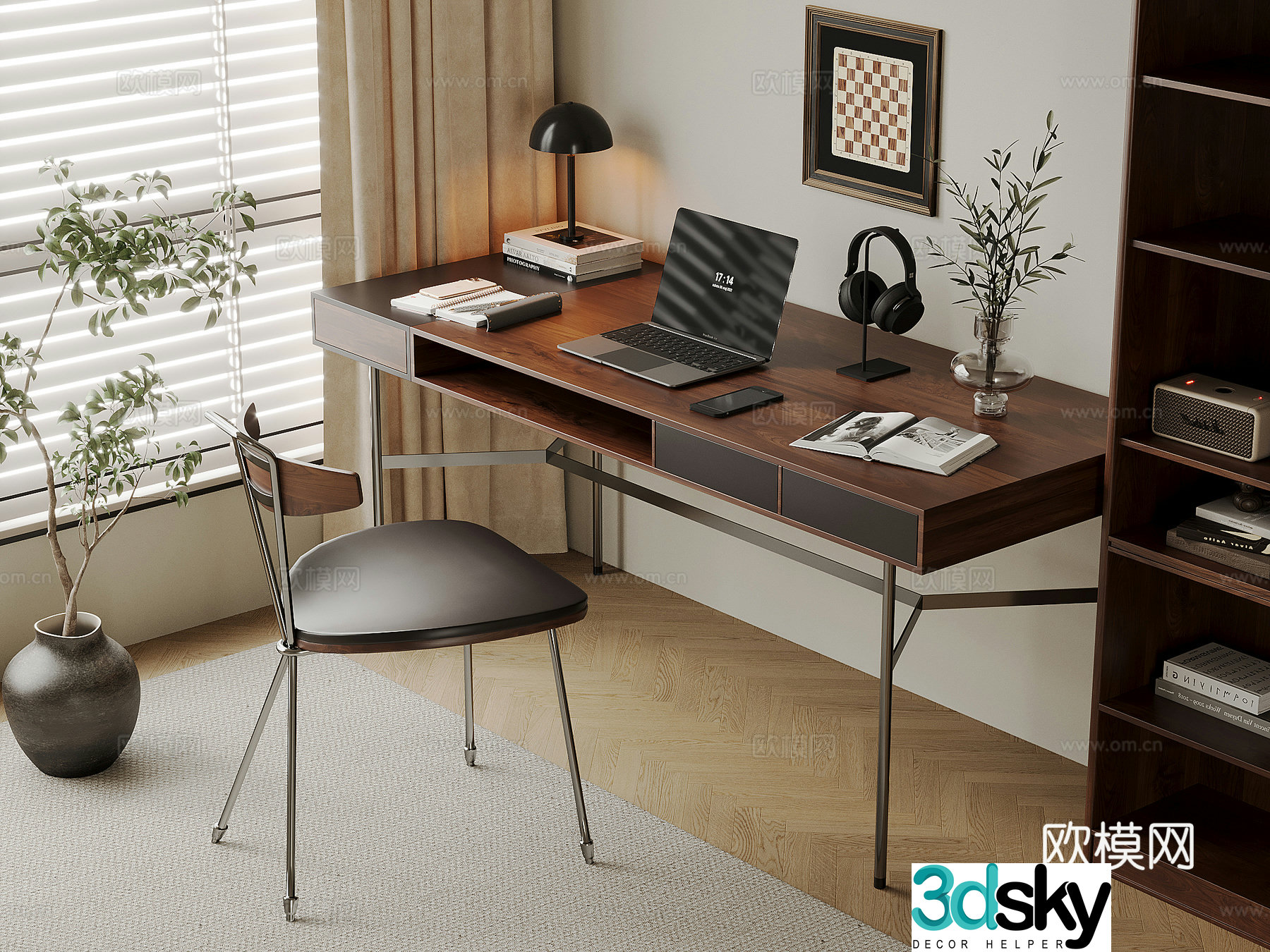 Middle-aged style desk and chair solid wood computer desk and chair writing desk study desk and chair solid wood single chair bookcase 3D model