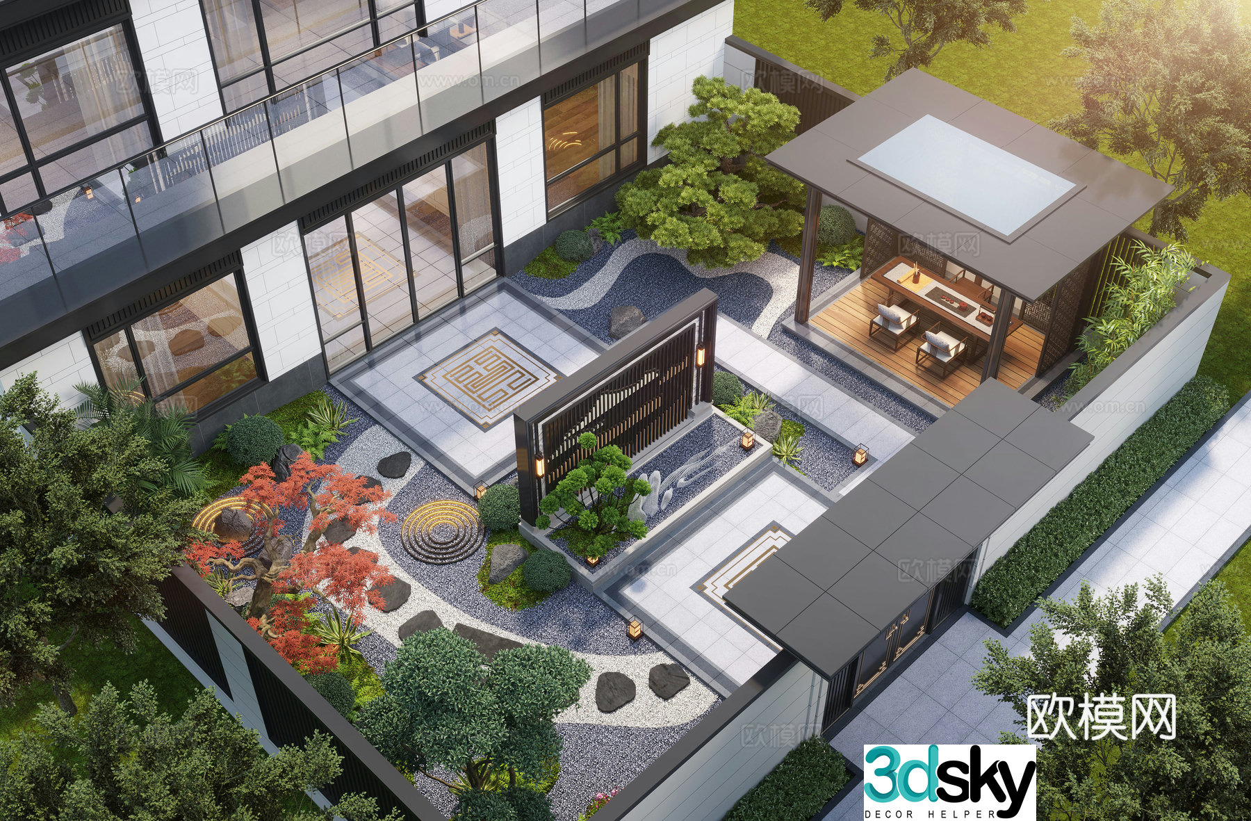 New Chinese style courtyard landscape family courtyard landscape sketch pavilion rockery waterscape landscape wall 3D model